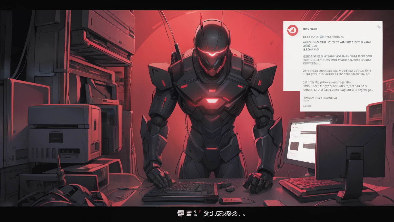 Computer Science with text "BSRU" blackground , Scifi, Dark fantasy style, Red neon, dark tone, hardware, robot with white shirt black necktie.