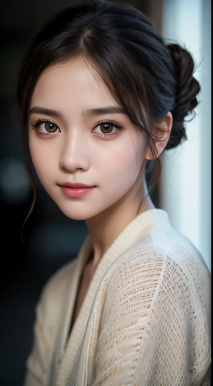 masterpiece, highest quality, Raw foto, photorealistic, smile, beautiful girl, cute, Hair up, Depth of the bounds written, High resolution, Super detailed, details, highly detailed eyes and face, mesmerizing black eyes, Realistic pupils, sharp focus, Cinematic lighting, upper part of the body, face on camera