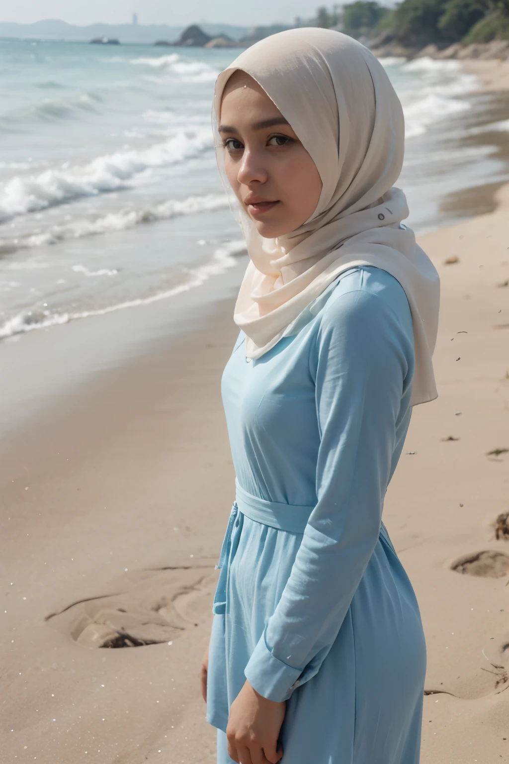 A potrait photo of a young woman proper muslimah blue dress and white cream color of hijab, natural-looking makeup. She should be looking directly at the camera while standing at empty beach in Malaysia. The focus should be on her face without any visible makeup.