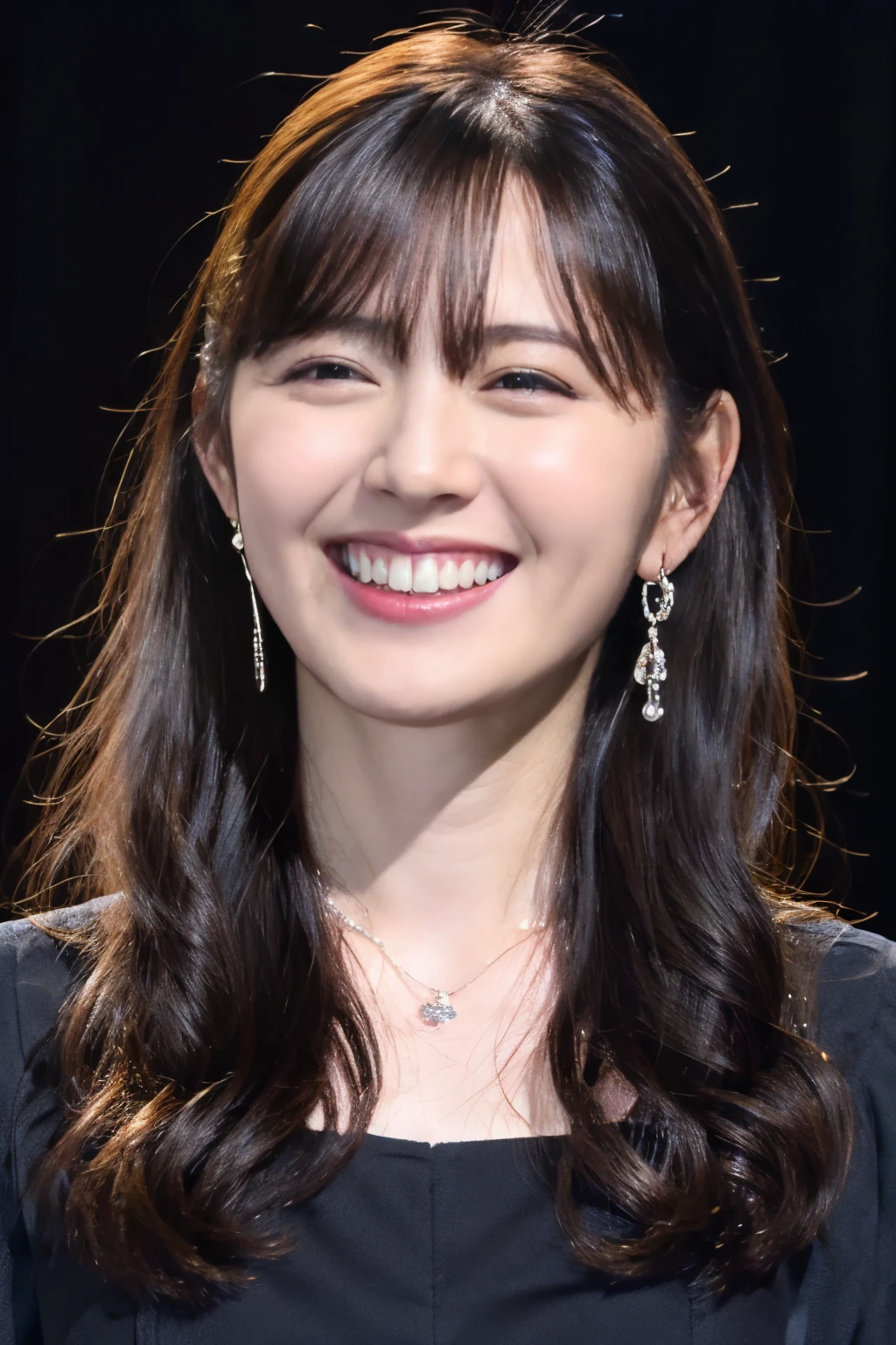 highest quality, masterpiece, ultra high resolution, (realistic:1.4),very detailed,professional lighting smile,black hair、toothy smile、black hair、ear piercing、necklace around neck、dark eyeliner