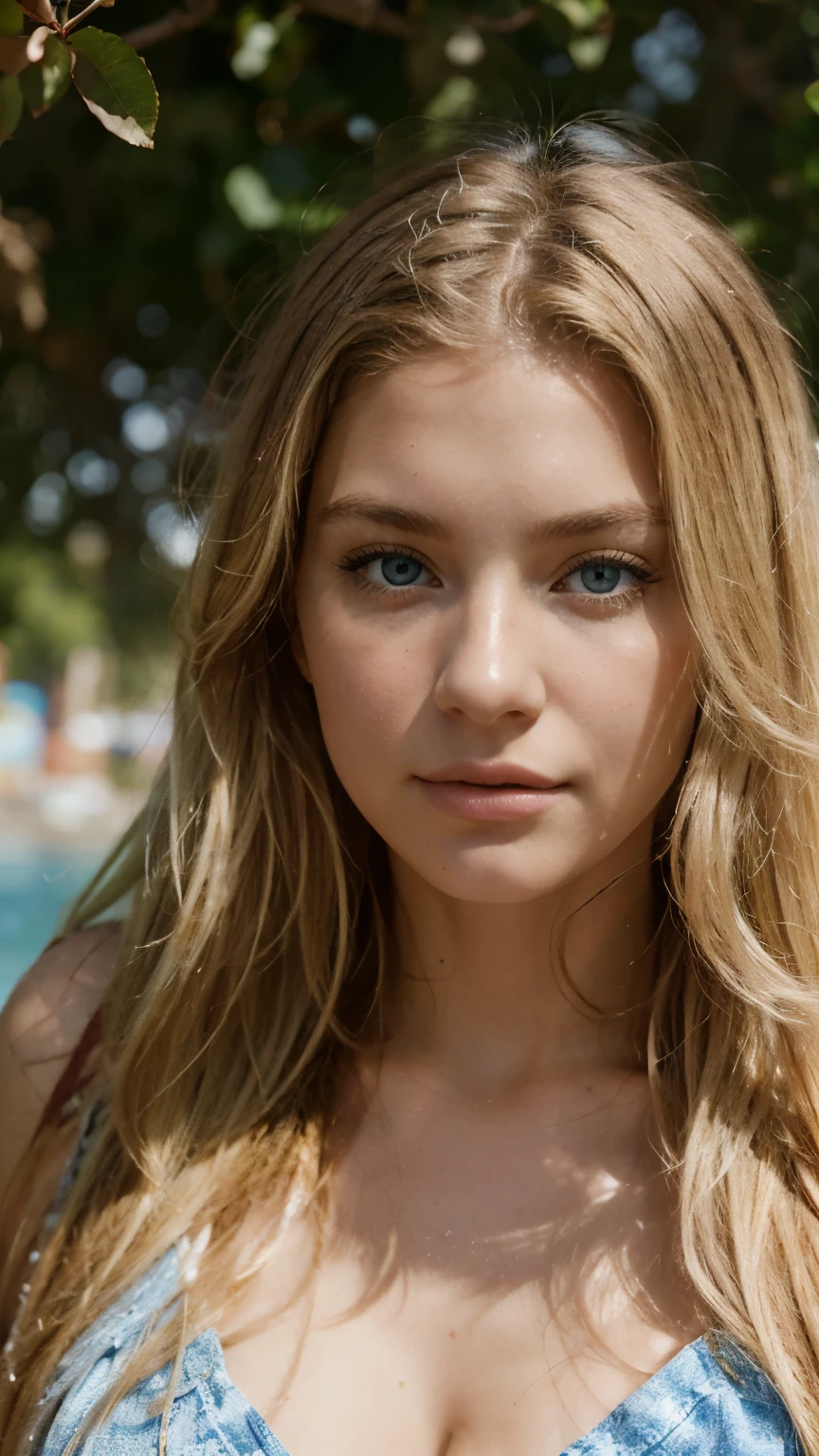 A photorealistic portrait of a 21-year-old California girl with long, flowing blond hair and striking blue eyes. She should have a natural, approachable expression and be illuminated by soft, golden-hour sunlight. The background should be a scenic outdoor setting, perhaps a sunlit park or beach. Capture this image with a high-resolution photograph using an 85mm lens for a flattering perspective.