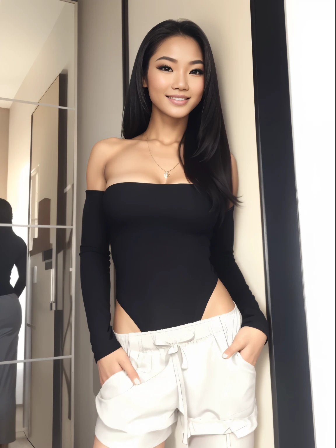 Young Thai woman, Fit physique, fitness physique, portant de la lingerie noire sexy, watch on the canapé, les jambes ouvertes, corps sexy, (8K), (best quality), (chef-d&#39;artwork:1.3), (Realistic), (photorealistic:1.34), Ultra-detailed, [Beautiful detailed eyes], (sourire), (sourire), (beautiful detailed nose), [cheveux blonds très longs], (haut court), lingerie noire, (superbes seins taille normale), (gros plan), profondeur de champ, full body view, sitting on the sofa, legs spread, montrant l&#39;entrejambe, pieds en l'air