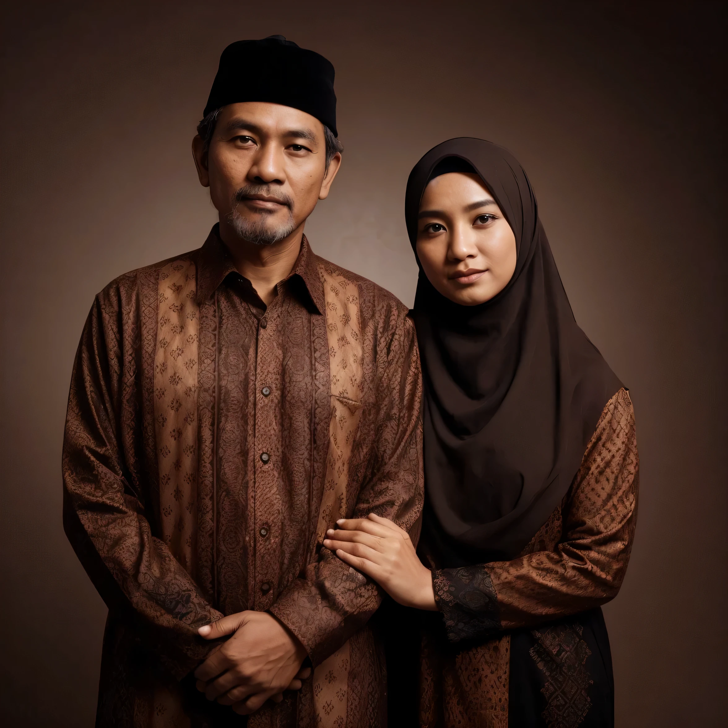 (studio photo of parents,Indonesian man wearing a black Muslim cap,woman wearing a hijab,brown batik shirt,black pants,plain dark brown background,photo facing forward,best quality,high detail,ultra full HD),fashionable attire,loving couple,parental love,traditional clothing,Bold colors,accentuated facial features,sharp focus,vivid colors,soft lighting,portrait photography