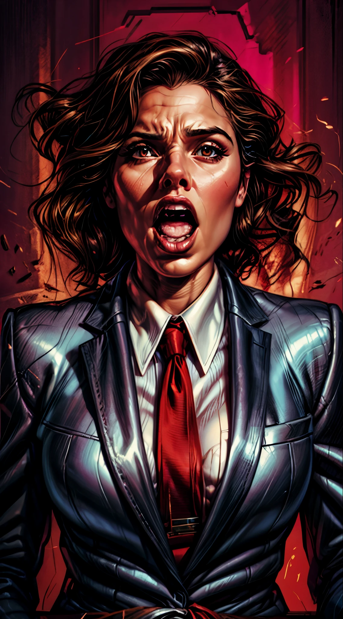 painting of a woman in a suit with a red tie, epic portrait illustration, stunning digital illustration, realistic illustrative painting, martin ansin artwork portrait, art of alessandro pautasso, comic digital art, sexy painting of gal gadot, painted digital art, beautiful digital artwork, stunning digital painting, ultra realistic digital painting, glossy digital painting, looking ahead