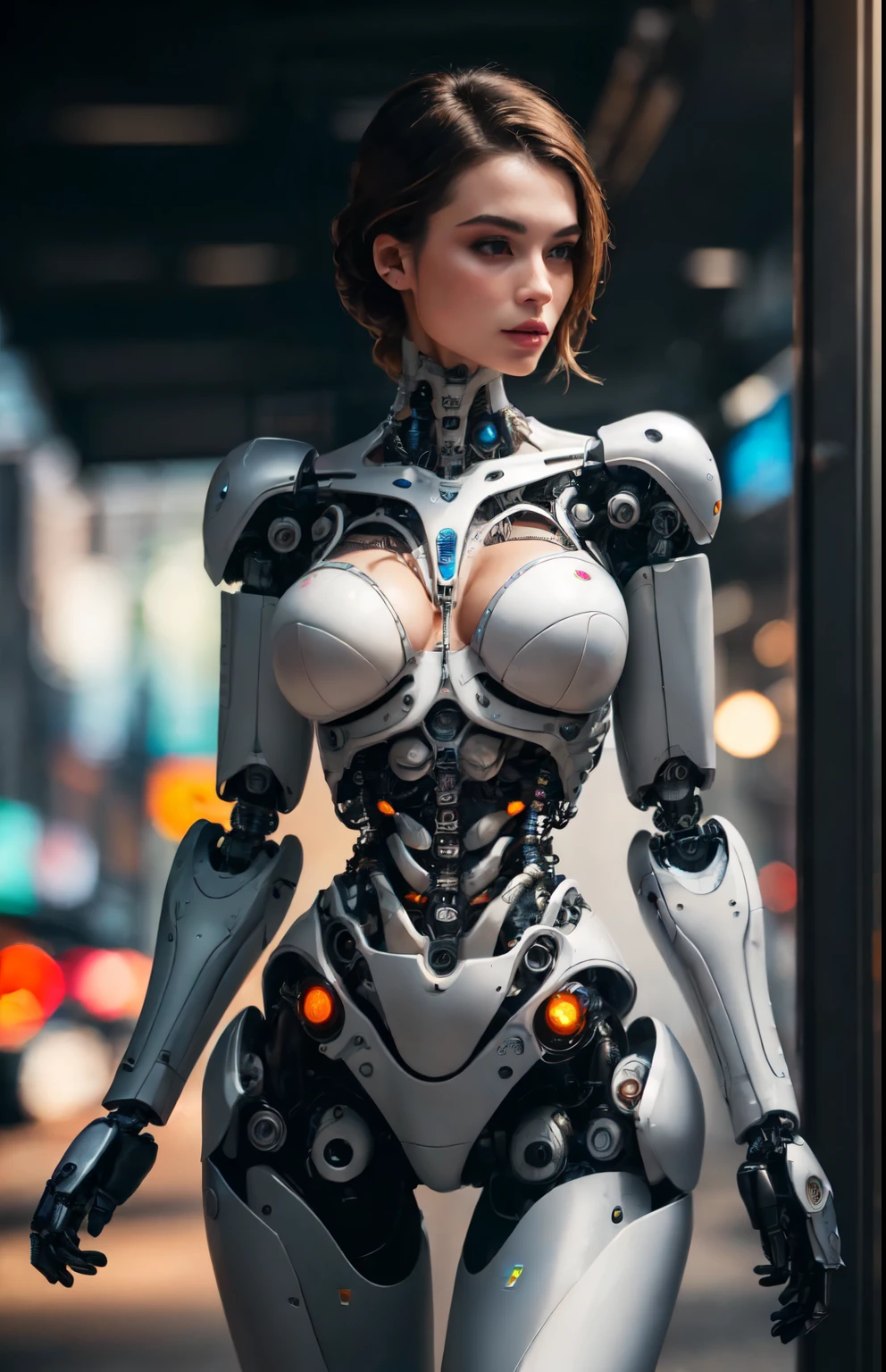 Woman-robot in the big city, high quality, absurdres, masterpiece, beautiful, intricate details, 1/2 body crop, slim body, beautiful figure, magnificent anatomy, (intricate details:1.12), HDR, (intricate details, hyper-detailing:1.15), (natural skin textures, hyper realisitc, soft light, Sharp:1.2)