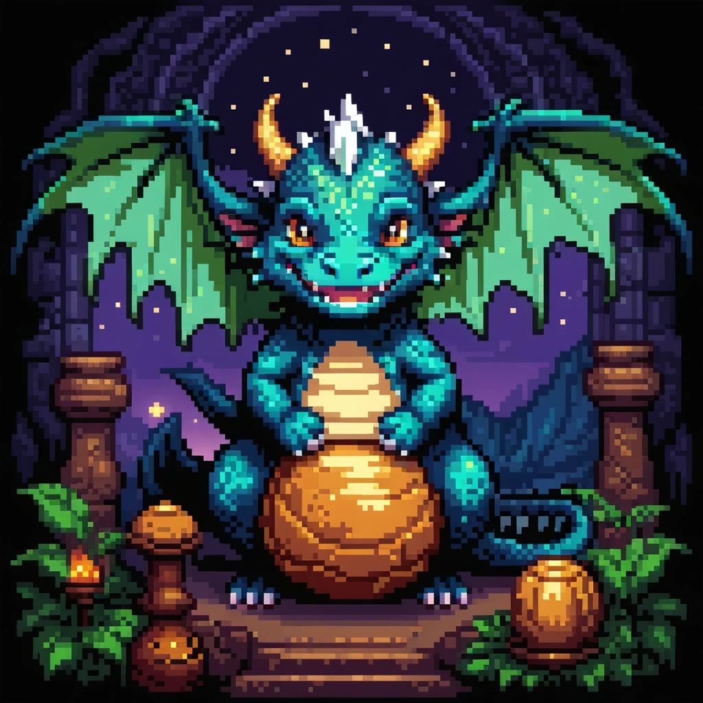 In the cute pixel art illustration, depict a colossal ((Dragon-chibi)), the size of a house, dominating the scene with its massive presence. Adorn its shell with intricate patterns that shimmer in the moonlight, casting an enchanting glow. Set against a gothic background to enhance the epic ambiance, creating a scene that is both captivating and mysterious. Ensure that the pixel art style adds charm and whimsy to the composition, evoking a sense of wonder and awe in viewers. Artists: Paul Robertson, Octavi Navarro, Simon Anderson.