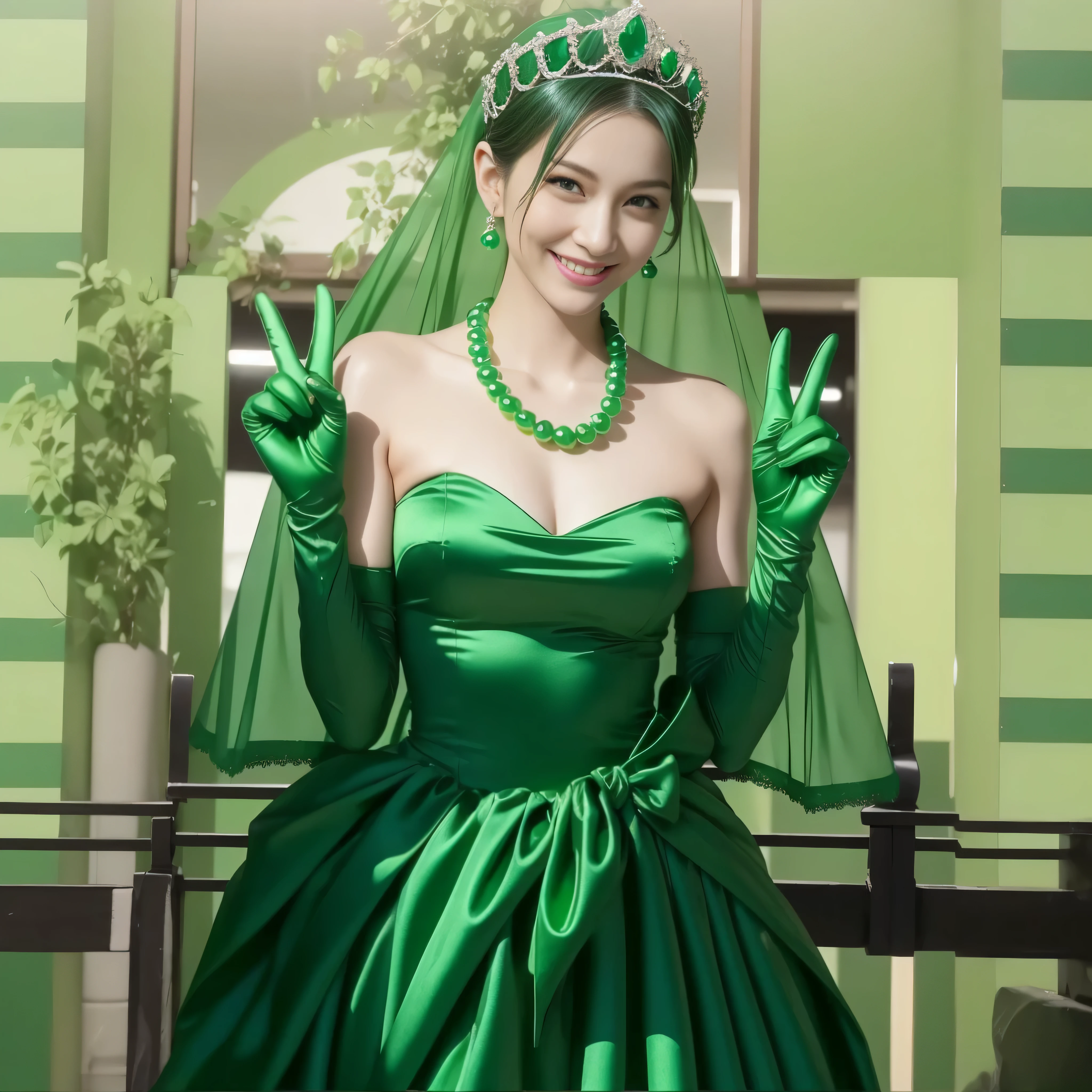 Beautiful Japan woman in her 30s, finger details, beautiful hands,emerald tiara, green pearl necklace, Boyish green berry short hair, lipstick, smiling Japanese woman, very short hair, big breasts beautiful, green eyes, green satin long gloves, green eyes, emerald earrings, green veil, V sign