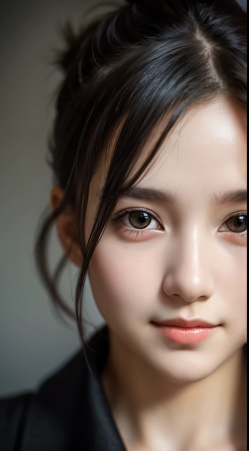 masterpiece, highest quality, Raw foto, photorealistic, smile, beautiful girl, cute, age 18s, Hair up, Depth of the bounds written, High resolution, Super detailed, details, highly detailed eyes and face, mesmerizing black eyes, Realistic pupils, sharp focus, Cinematic lighting, upper part of the body, face on camera