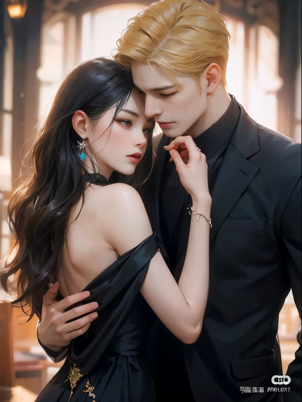 Araffa a un hombre y una mujer con un vestido negro., obra de arte al estilo de guweiz, por Yang J., ruan jia and artgerm, Cai Xu Kun, por Ni Tian, digital art of an elegant, pareja adorable, pose de pareja, inspirado en Yanjun Cheng, ruan jia and brom, in bowater art style