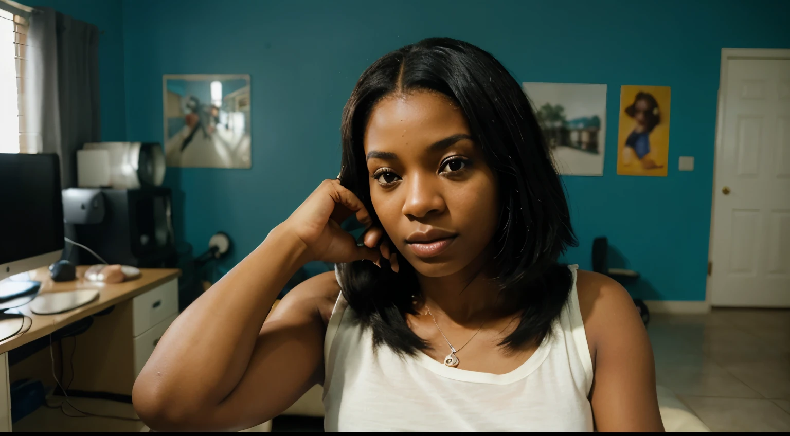 photographic portrait of a black woman in her 20s, contato visual, cabelo longo, jogando videogame. realismo, fotorrealismoo, hiperrealismoo, (detalhes insanos:1.3), 35mm