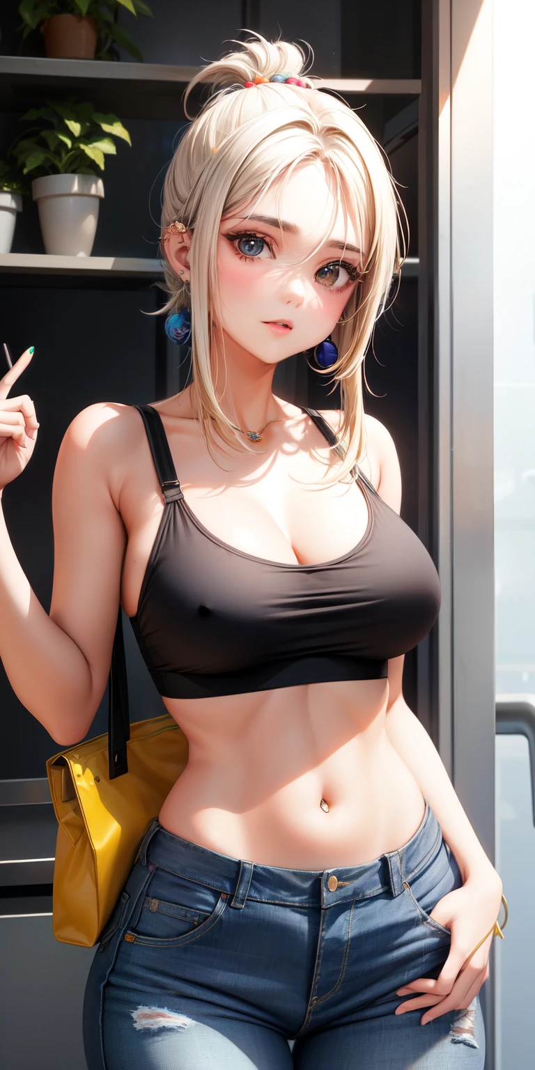 Make a pretty one, peitos medios, pele palida, rosto cheio de piercing, cabelo longos e pretos, com uma franja vegana. She is wearing a bra over it and is wearing baggy black jeans.. ela tambem usa um oculos.