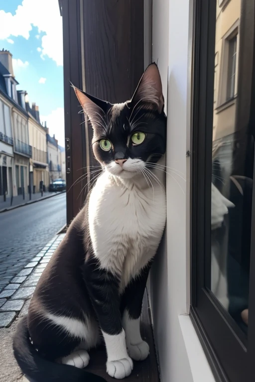 Créez une image de haute qualité d'un beau chat noir aux yeux verts, assis sur le rebord d'une fenêtre donnant sur une rue animée de la ville. Le chat est posé dans une position relaxée, avec ses pattes avant tassées sous son thorax et sa queue enroulée autour de son corps. Le pelage est lisse et brillant, avec une légère étincelle de lumière qui attire l'œil. Les yeux sont brillants et alertes, with a playful glow that suggests the cat is looking at something interesting outside. The background is a delicate blue, with a few scattered white clouds in the sky. L'ambiance est paisible et sereine, with a touch of mischief and curiosity.