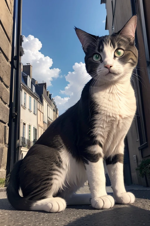 Créez une image de haute qualité d'un beau chat noir aux yeux verts, assis sur le rebord d'une fenêtre donnant sur une rue animée de la ville. Le chat est posé dans une position relaxée, avec ses pattes avant tassées sous son thorax et sa queue enroulée autour de son corps. Le pelage est lisse et brillant, avec une légère étincelle de lumière qui attire l'œil. Les yeux sont brillants et alertes, with a playful glow that suggests the cat is looking at something interesting outside. The background is a delicate blue, with a few scattered white clouds in the sky. L'ambiance est paisible et sereine, with a touch of mischief and curiosity.