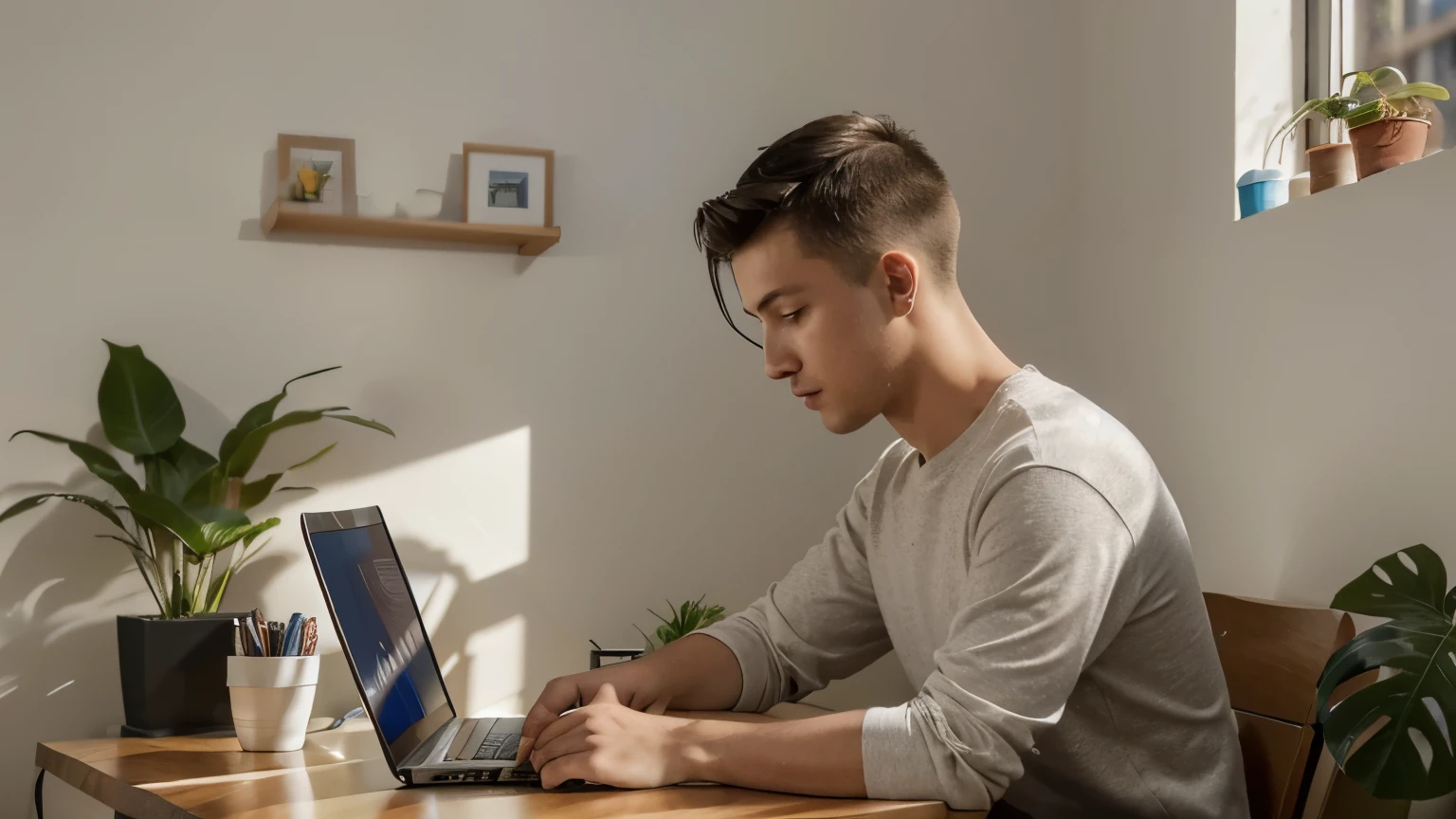 makes the image of a young man editing videos on his laptop that is on his desk, al lado hay una ventana que deja pasar la luz y en la pared hay una repisa de madera donde tiene algunos objetos decorativos y una hermosa planta que adorna el espacio
