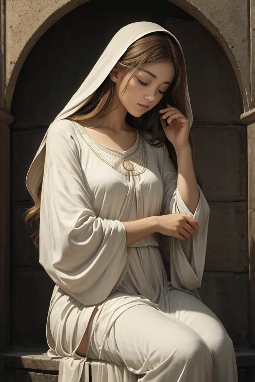 Create an image of "The Immaculate Conception" in a Baroque painting style. The central figure should be a serene, beautiful young Virgin Mary with long brown hair, slim body, dressed in a flowing white gown. She is depicted standing on a crescent moon, with her hands clasped in prayer, looking upwards with a calm expression. Her gown should be adorned with a blue mantle that drapes over her arms and around her body. The background should be warm with a golden, heavenly light that emphasizes the divine nature of the scene. The overall composition should evoke a sense of purity, divinity, and grace, characteristic of Murillo's Baroque religious paintings.