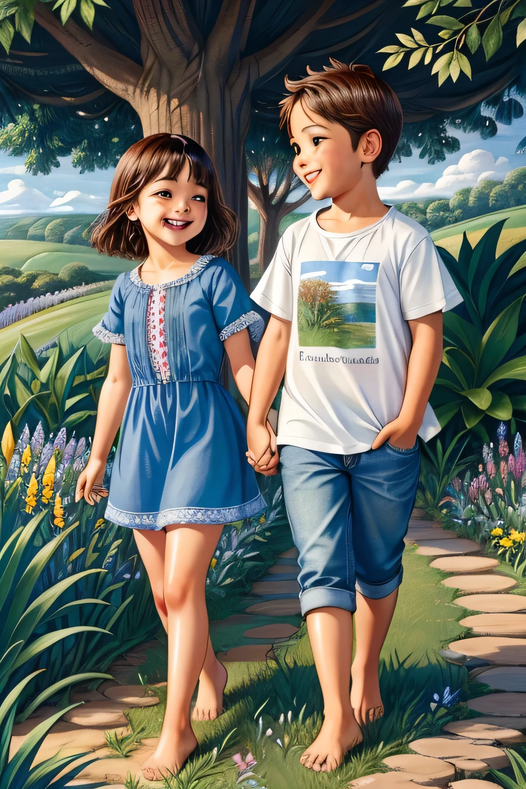 The image depicts a naturally charming setting, com um ****** e uma , walking hand in hand in a well-tended garden. The garden is characterized by a variety of flora, incluindo arbustos floridos, leafy trees and a dense cover of green grass. A luz do sol, suavizada por nuvens dispersas, banha o ambiente, creating subtle shadows on the ground. O ****** veste uma camiseta azul clara e jeans, enquanto a  usa um vestido estampado floral. Both are barefoot, allowing them to feel the soft texture of the grass beneath their feet. Their faces radiate joy and innocence, evidenciando sorrisos sinceros enquanto desfrutam da companhia um do outro neste ambiente sereno.