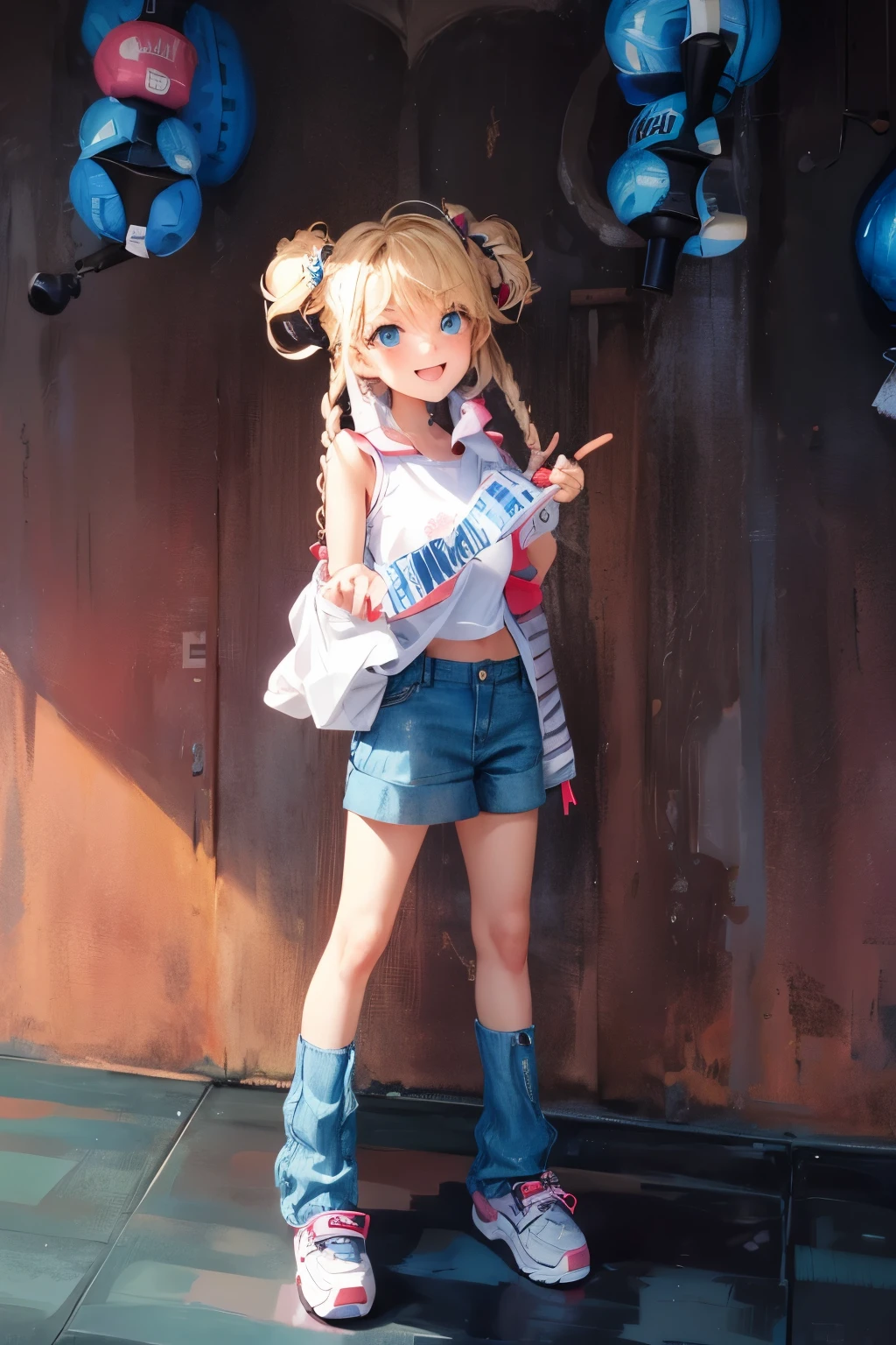 Nao tomori, charlotte, girl, twenies, white ponytail hair with navy blue ribbon, blue eyes, pink tank top with red ribbon, white bracelet, white skirt, yellow totebag, holding handycam