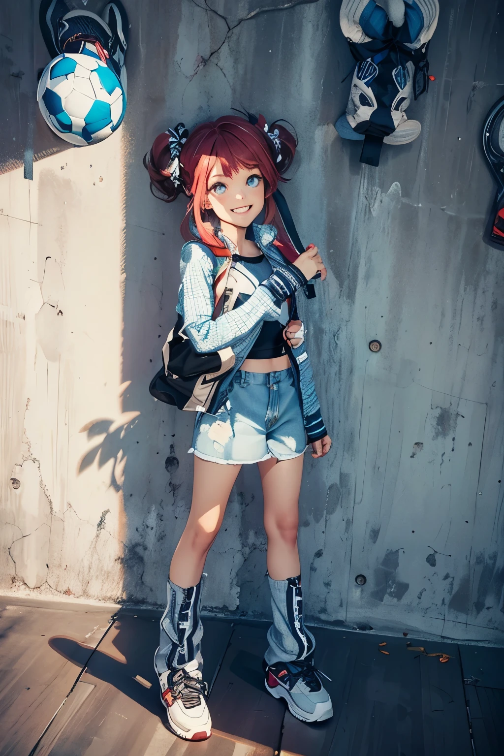Sporty pretty girl smiling with mouth open, bright eyes, sportliche Kleidung, Jeansrock, bauchfrei Top, 
