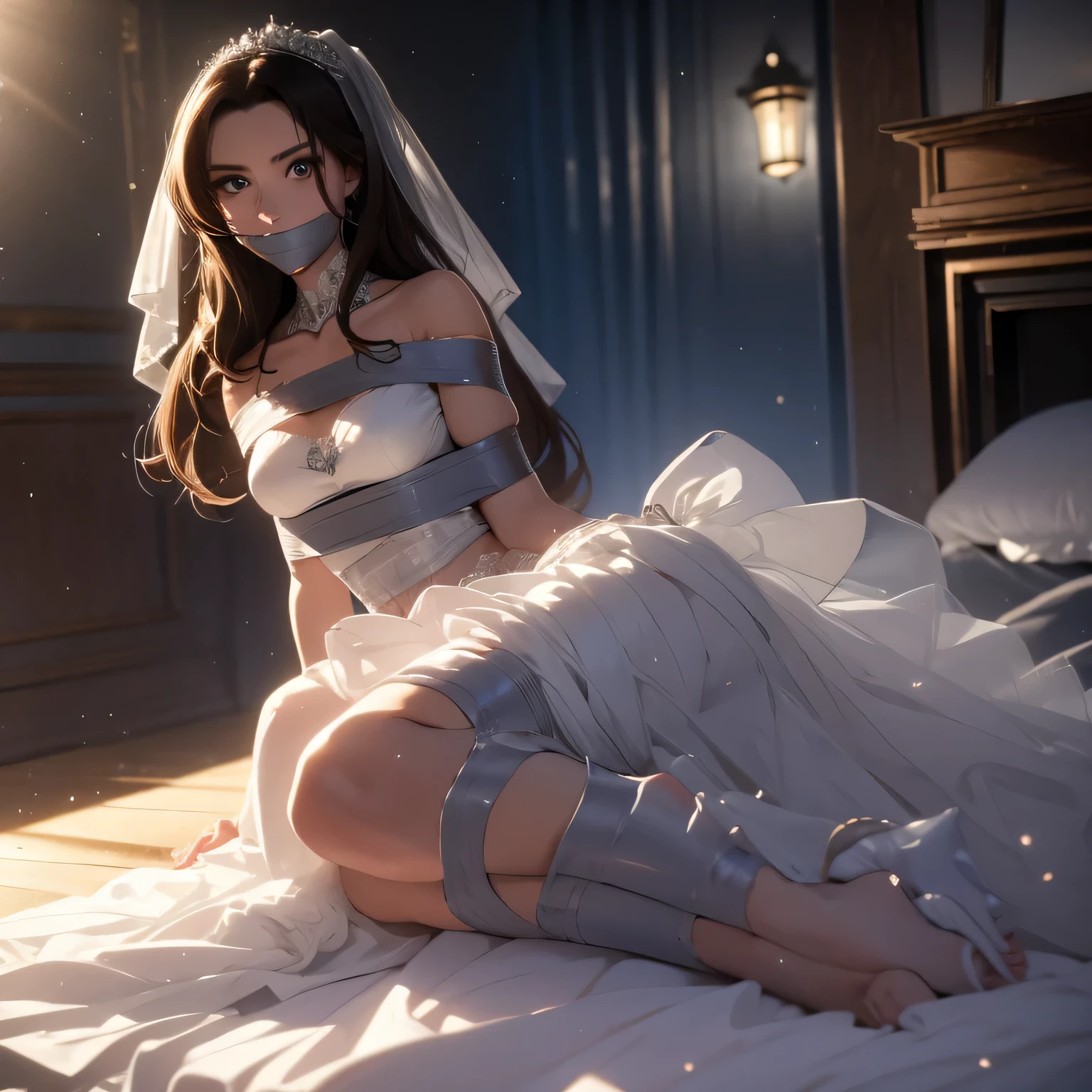 (bright lighting,romantic setting),bride captured, dreamy background,bondage,dark hair, mesmerizing gaze, , soft skin, alluring beauty, artistic portrait, high-quality image, vibrant colors, long silk gown, in the bed,tape bondage,tape gag, mosquito net, bridal