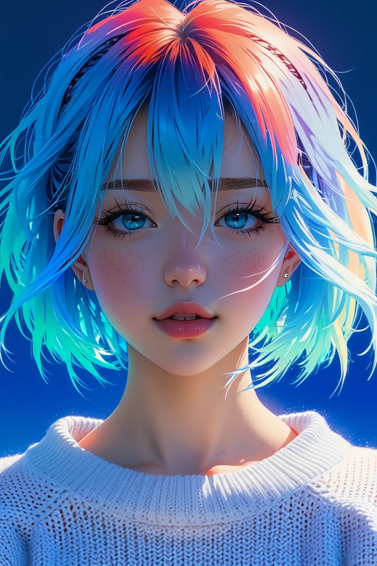 anime ,realistic ,sketch , 1girl, ,lip, Sweater,order, Blue gradient background, Neon hair,Textured crop, Canadian , (masterpiece,best quality,niji style)