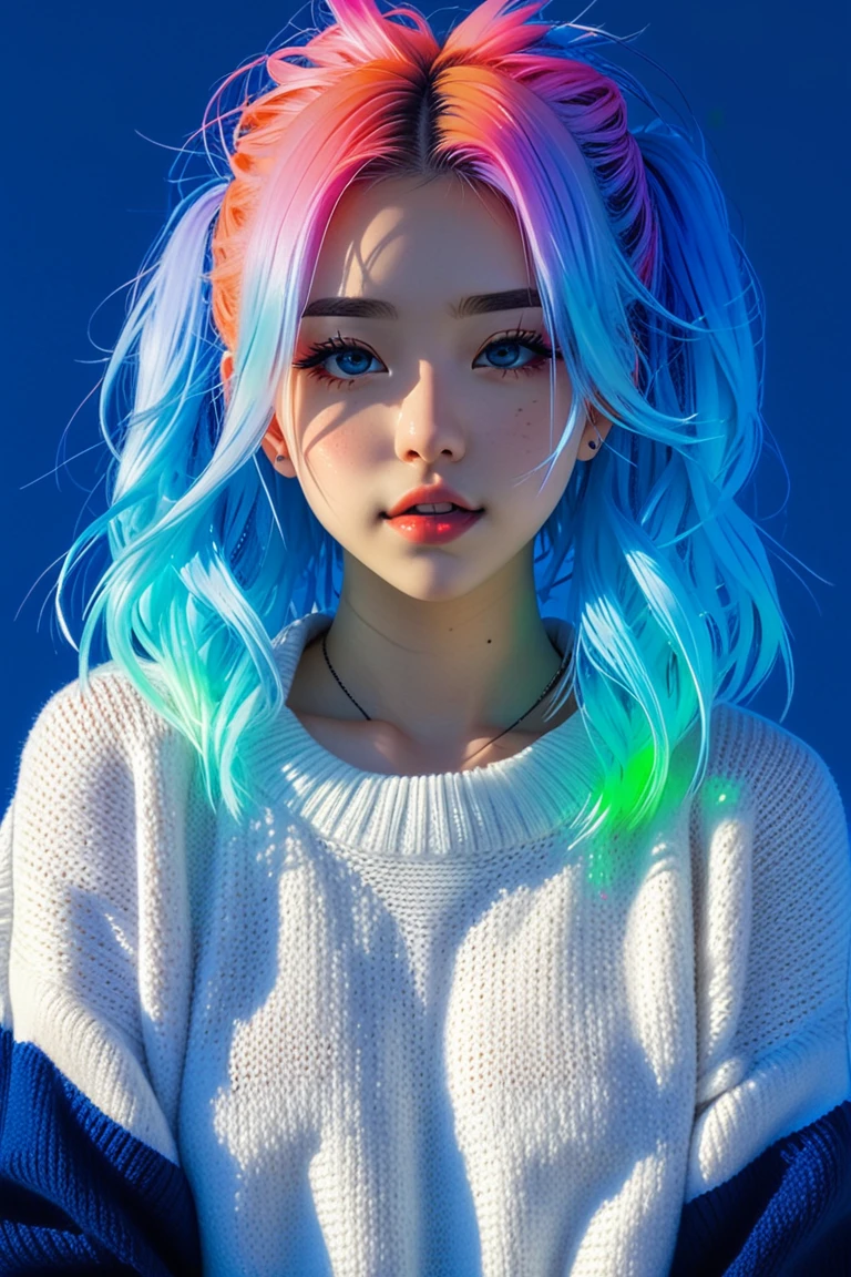 anime ,realistic ,sketch , 1girl, ,lip, Sweater,order, Blue gradient background, Neon hair,Textured crop, Canadian , (masterpiece,best quality,niji style)