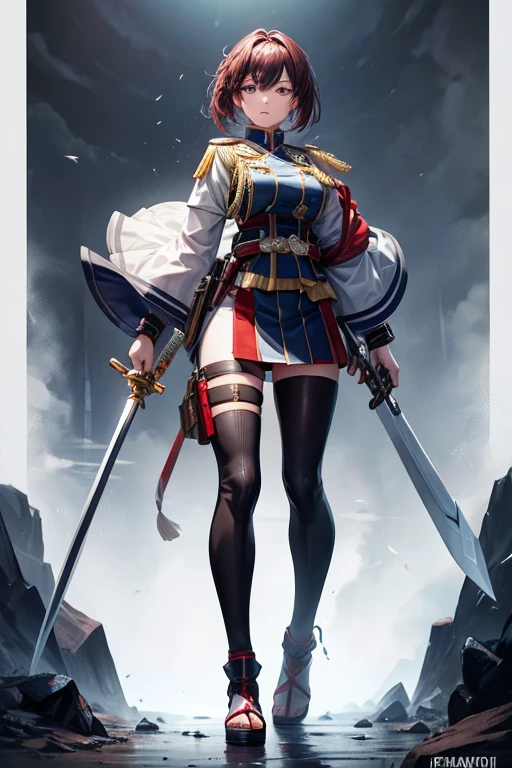 generates a full body woman high resolution high quality high details in which she is on a battlefield with a uniform with maximum details with Japanese design with a sword on her back