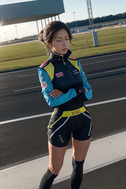  Woman in airfield race, en plein essor:

Woman in airfield race, en plein essor.
The light is intense and exciting.
The face is closed and constrained.
La pose est forte et dominant.
