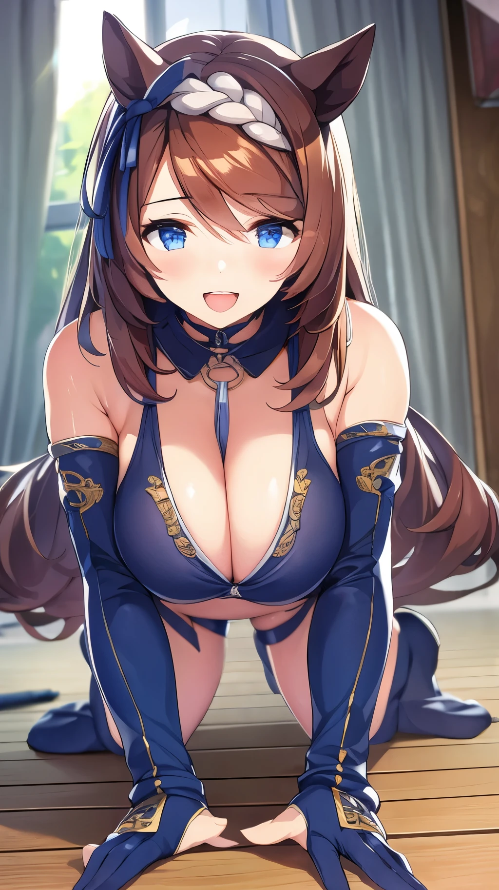 (masterpiece:1.0), (figure), (very detailed), girl, huge breasts, (crawl on all fours), (Stomach), stream, looking at the viewer, from below, :d