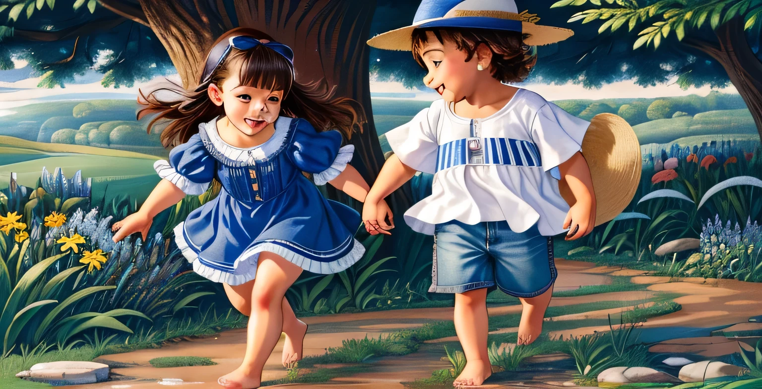 The image depicts a naturally charming setting, com um menino e uma , walking hand in hand in a well-tended garden. The garden is characterized by a variety of flora, incluindo arbustos floridos, leafy trees and a dense cover of green grass. A luz do sol, suavizada por nuvens dispersas, banha o ambiente, creating subtle shadows on the ground. O menino veste uma camiseta azul clara e jeans, enquanto a  usa um vestido estampado floral. Both are barefoot, allowing them to feel the soft texture of the grass beneath their feet. Their faces radiate joy and innocence, evidenciando sorrisos sinceros enquanto desfrutam da companhia um do outro neste ambiente sereno.