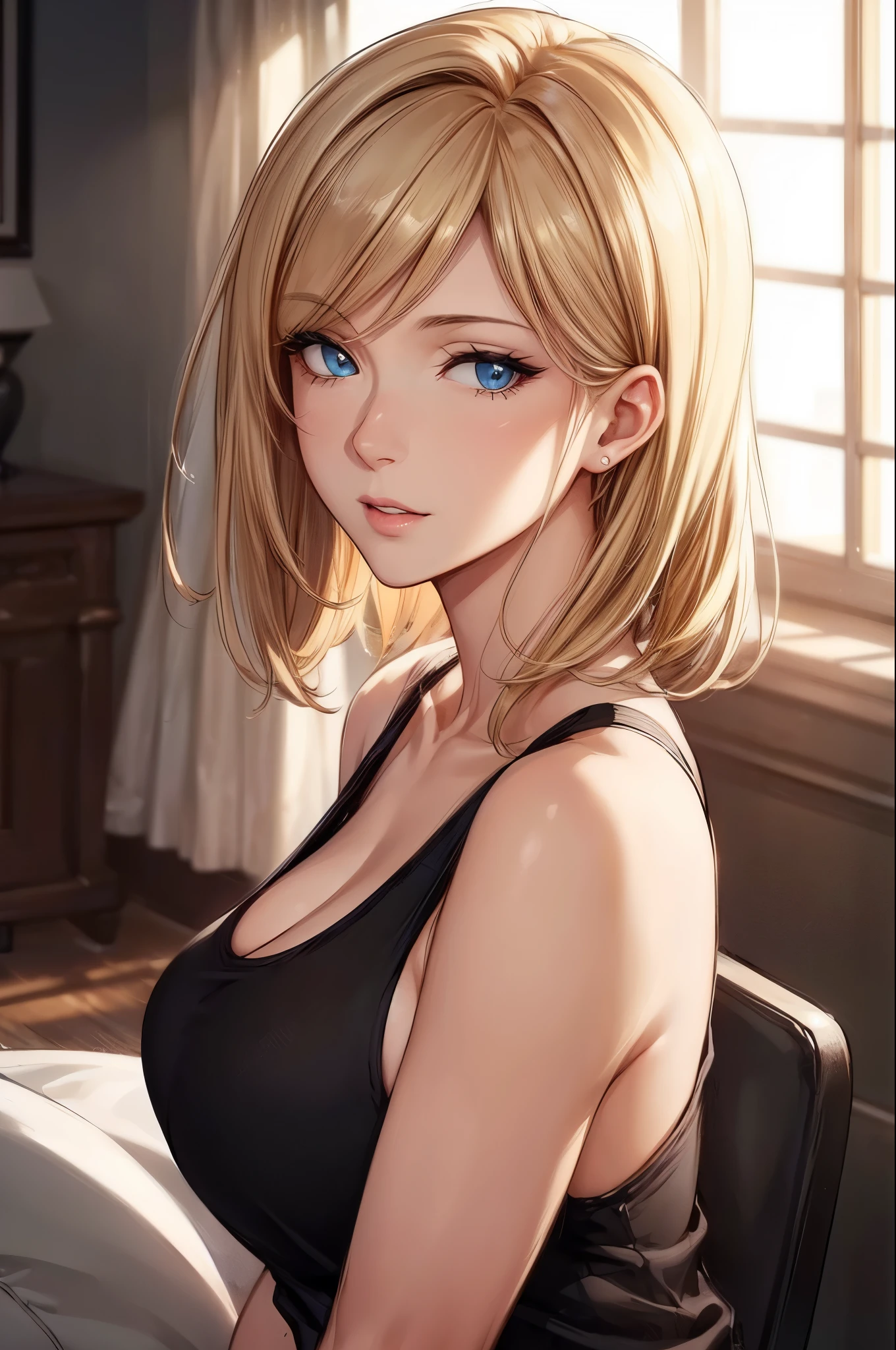 (best quality, highres, photorealistic), portrait, elegant mature woman, blue eyes, long hair, swept-side bang, blonde hair, see through tank top, big breast, ultra detailed cg 8k, beautiful cg, soft light