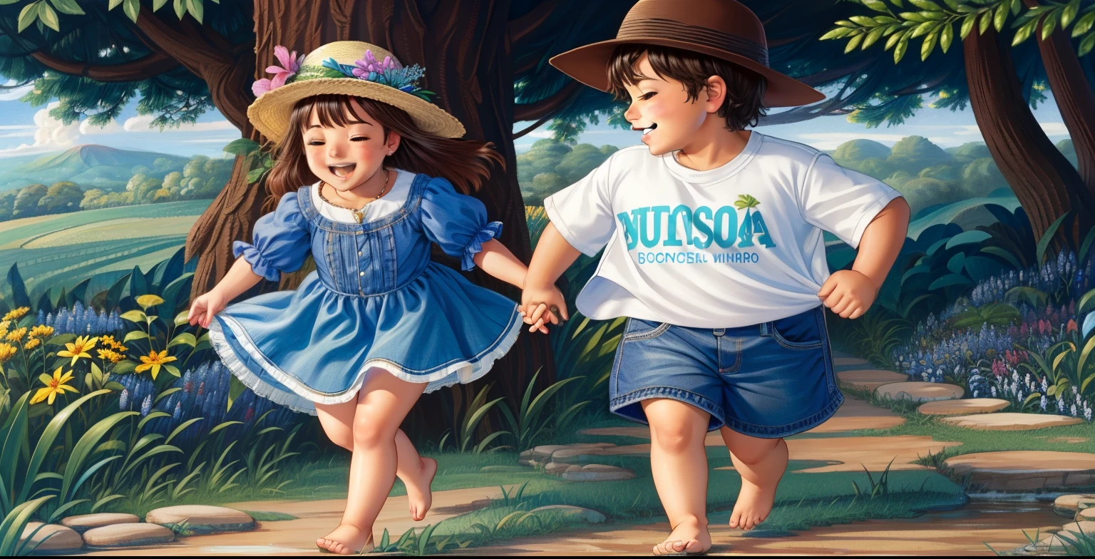 The image depicts a naturally charming setting, com um menino e uma , walking hand in hand in a well-tended garden. The garden is characterized by a variety of flora, incluindo arbustos floridos, leafy trees and a dense cover of green grass. A luz do sol, suavizada por nuvens dispersas, banha o ambiente, creating subtle shadows on the ground. O menino veste uma camiseta azul clara e jeans, enquanto a  usa um vestido estampado floral. Both are barefoot, allowing them to feel the soft texture of the grass beneath their feet. Their faces radiate joy and innocence, evidenciando sorrisos sinceros enquanto desfrutam da companhia um do outro neste ambiente sereno.