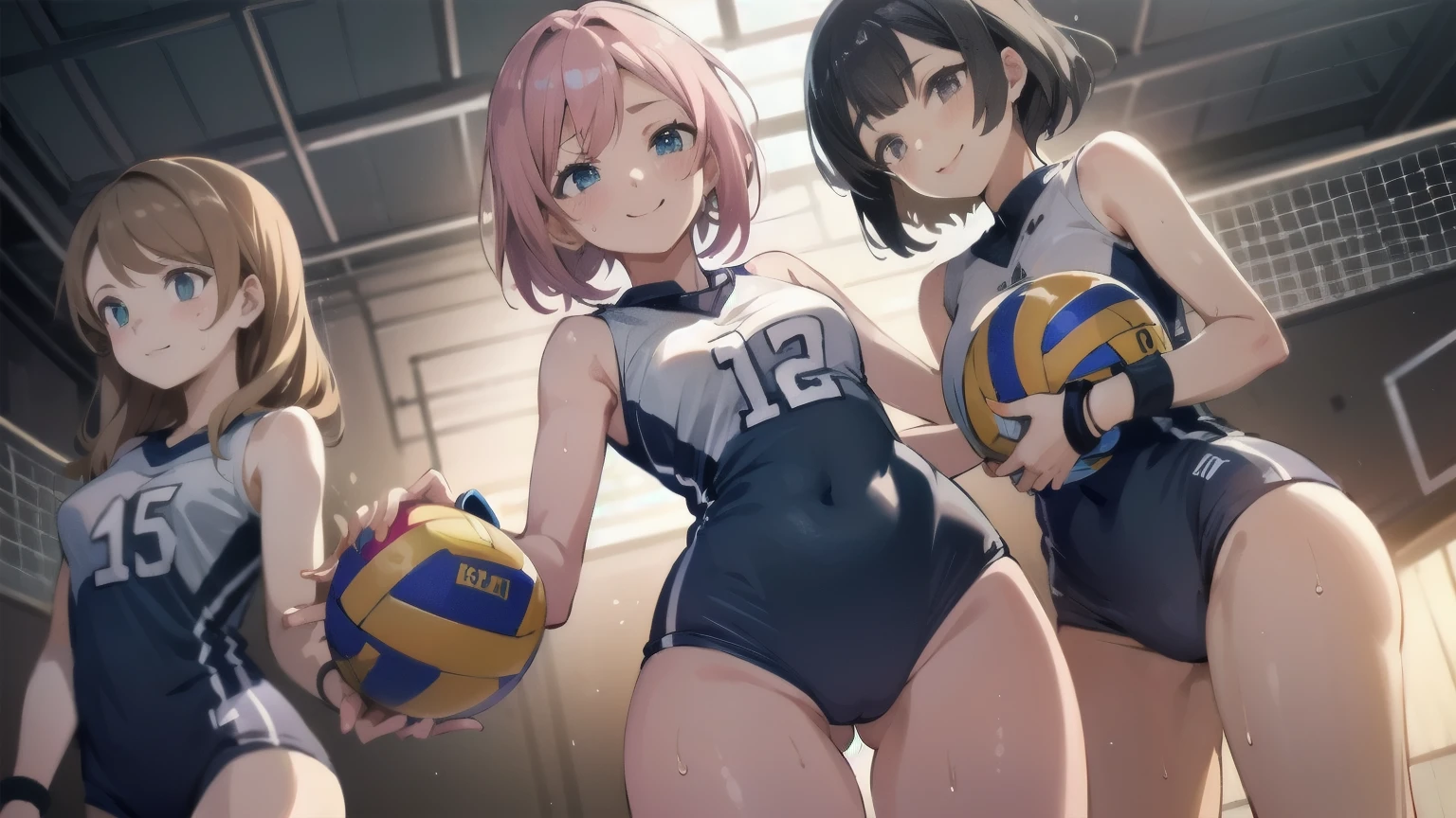 unity 8k wallpaper, anatomically correct, (((masterpiece))), (((best quality))), (((ultra detailed))), (((high-resolution))), ((super fine illustration)), ((Ultimate cutie)), ((detailed beautiful face)), perfect hands, perfect finger, (((good anatomy))), BREAK, multiple girls, lovingly gaze, harem, group picture, s old, (potbelly), (Curve), medium breasts, ((thick thighs)), Shiny hair, (((coquettish smile))), (((blush))), BREAK, Adidas, Sleeveless collared Volleyball Uniforms, ((wristbands)), BREAK, (Hold the beautiful spherical 6-inch volleyball), ((Sweat)), (perspired), (Heavy breathing), in gymnasium, in volleyball court, depth of field, strong light, cowboy shot,,