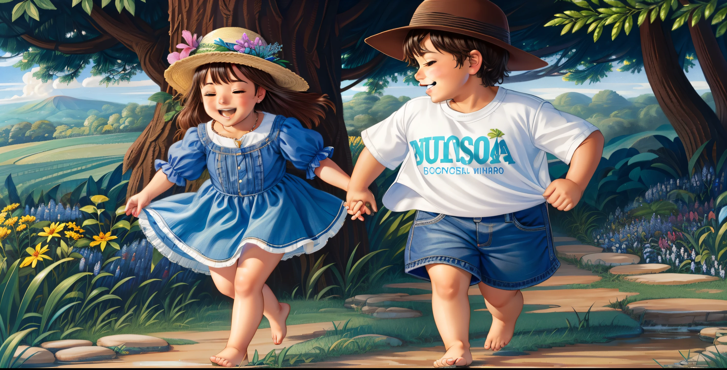 The image depicts a naturally charming setting, com um ****** e uma , walking hand in hand in a well-tended garden. The garden is characterized by a variety of flora, incluindo arbustos floridos, leafy trees and a dense cover of green grass. A luz do sol, suavizada por nuvens dispersas, banha o ambiente, creating subtle shadows on the ground. O ****** veste uma camiseta azul clara e jeans, enquanto a  usa um vestido estampado floral. Both are barefoot, allowing them to feel the soft texture of the grass beneath their feet. Their faces radiate joy and innocence, evidenciando sorrisos sinceros enquanto desfrutam da companhia um do outro neste ambiente sereno.