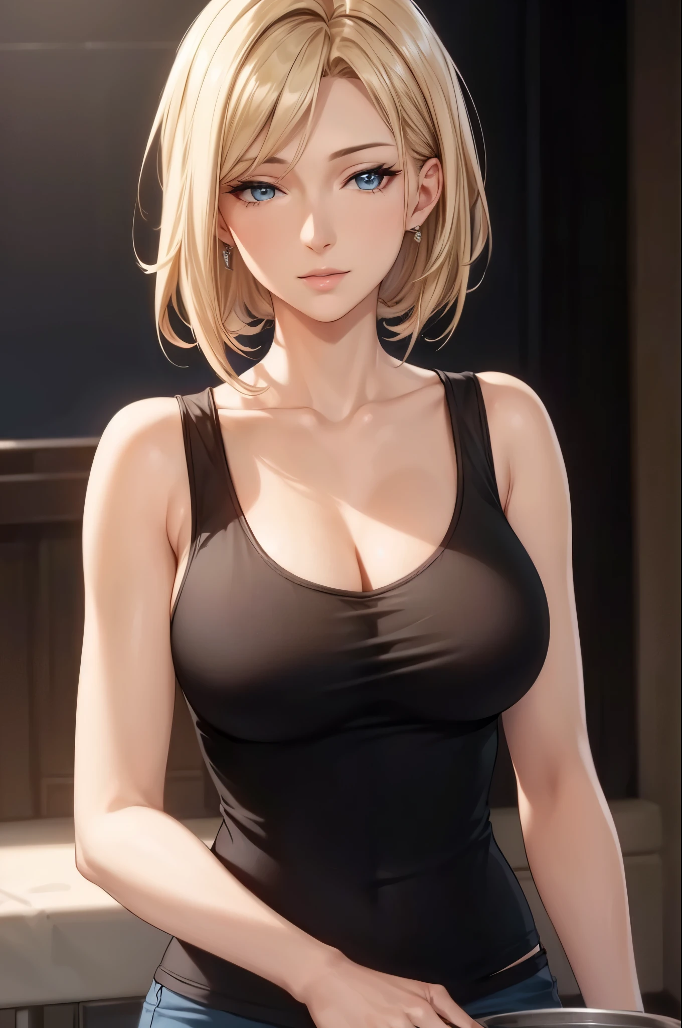 (best quality, highres, photorealistic), portrait, elegant mature woman, blue eyes, long hair, swept-side bang, blonde hair, see through tank top, big breast, ultra detailed cg 8k, beautiful cg, soft light