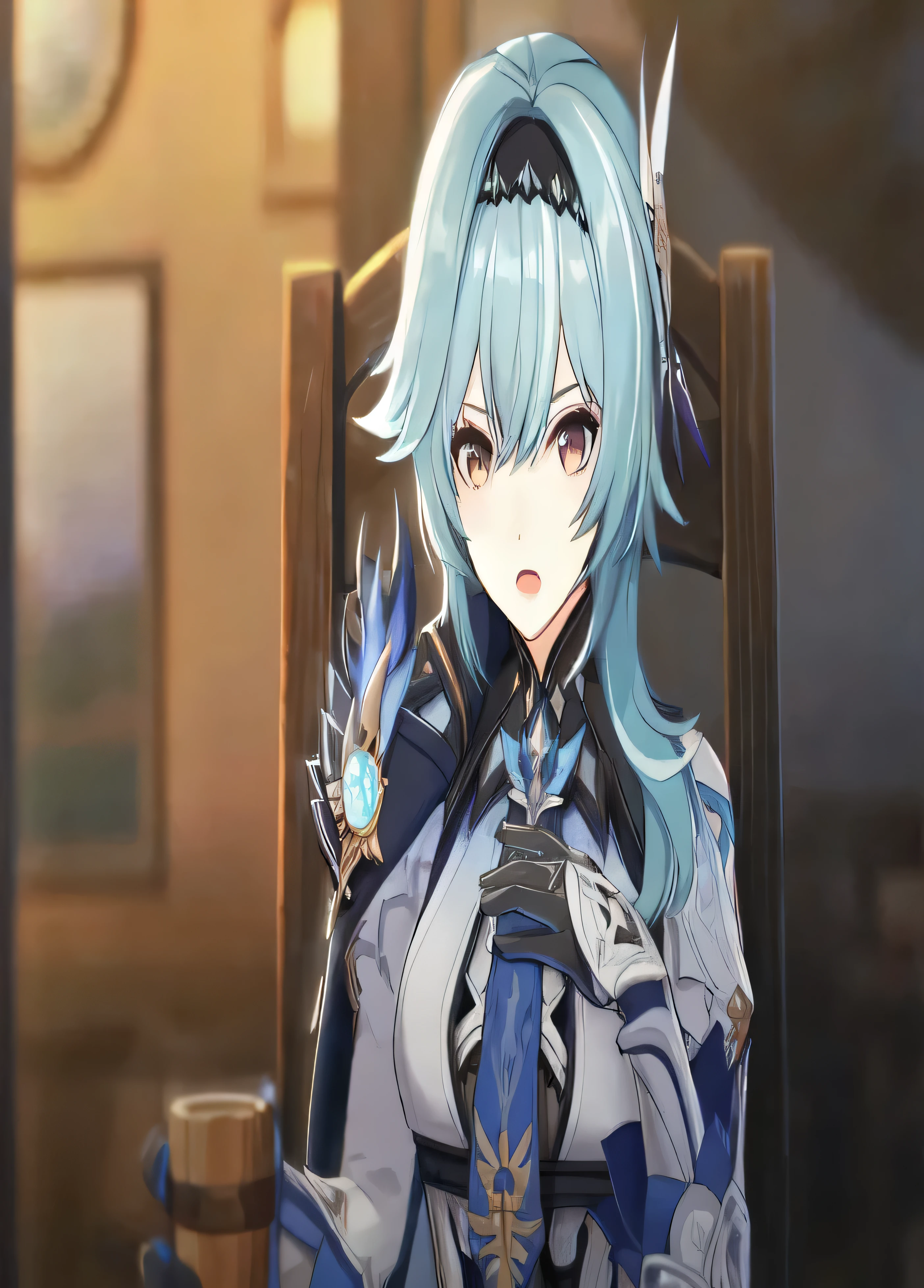 um close up de uma pessoa em uma sala com uma cadeira, Ayaka Impacto Genshin, Personagem Impacto Genshin, impacto do jogo ayaka genshin, keqing do impacto genshin, genshin, Impacto Genshin, Estilo Impacto Genshin, zhongli do impacto genshin, videogame Impacto Genshin, granblue pattern, escamas azuis cobrindo o peito