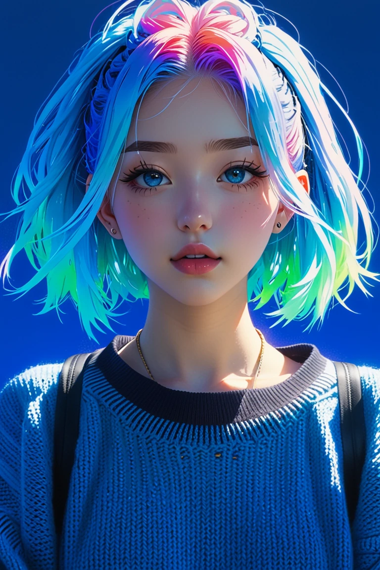 anime ,realistic ,sketch , 1girl, ,lip, Sweater,order, Blue gradient background, Neon hair,Textured crop, Canadian , (masterpiece,best quality,niji style)