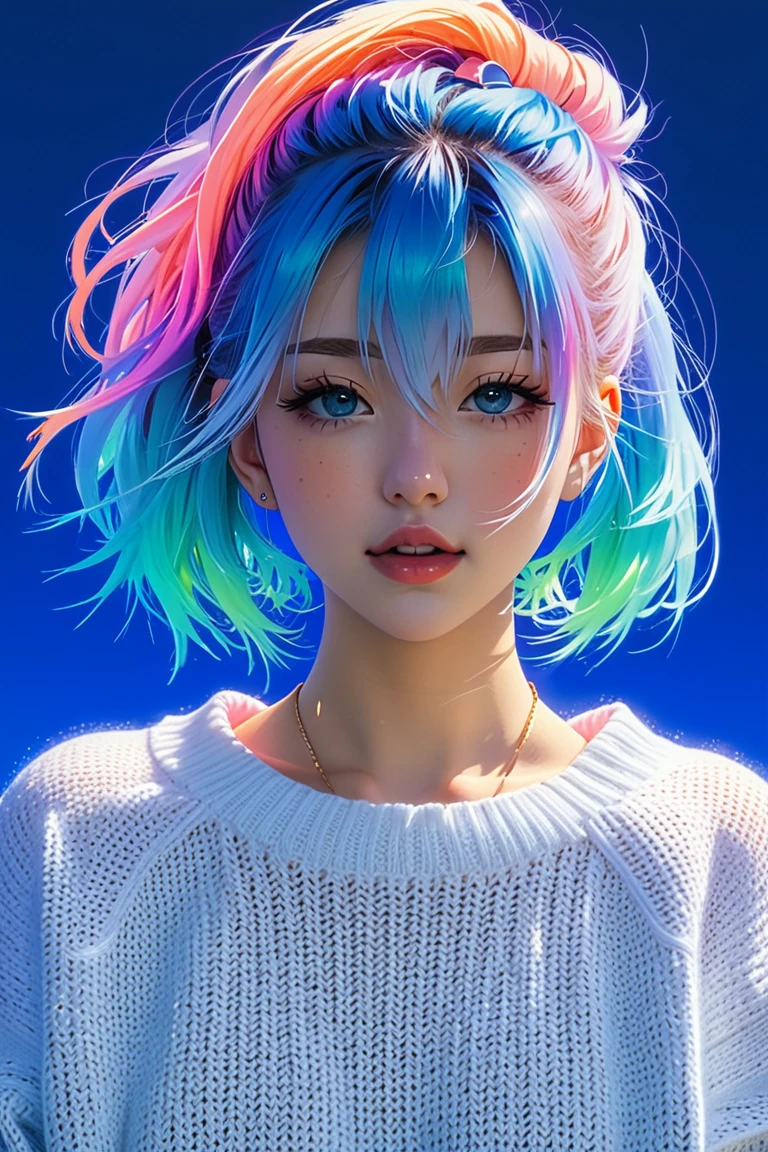 anime ,realistic ,sketch , 1girl, ,lip, Sweater,order, Blue gradient background, Neon hair,Textured crop, Canadian , (masterpiece,best quality,niji style)