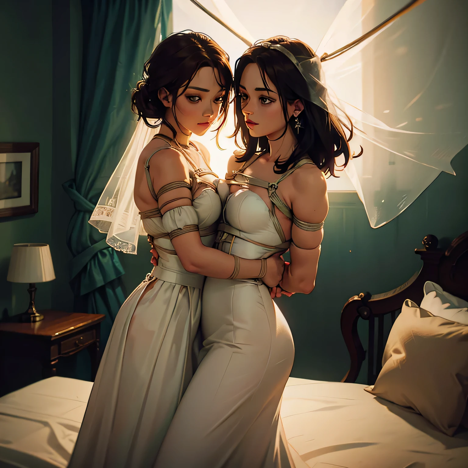 two girl in rope bondage,(bright lighting,romantic setting),dreamy background,bondage,dark hair, mesmerizing gaze, , soft skin, alluring beauty, artistic portrait, high-quality image, vibrant colors, in the bed, mosquito net, rope bondage, bridal dress,sidesuspension