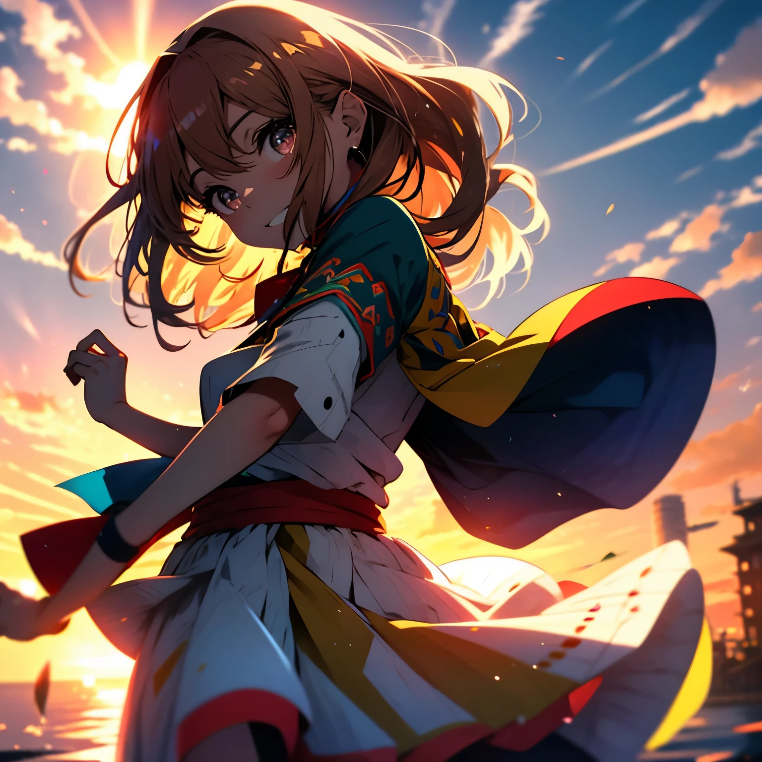A young anime girl in a vibrant Bolivian flag runs with energetic strides. Her long, wavy auburn hair flows behind her, catching the wind. Her bright, round eyes are filled with determination and joy. She wears a traditional Bolivian costume, with colorful patterns adorning her top and a skirt that flows gracefully as she moves. The sun sets in the background, casting a warm, golden glow over the scene. The high-resolution image captures every detail of her expression and the intricacies of her outfit.