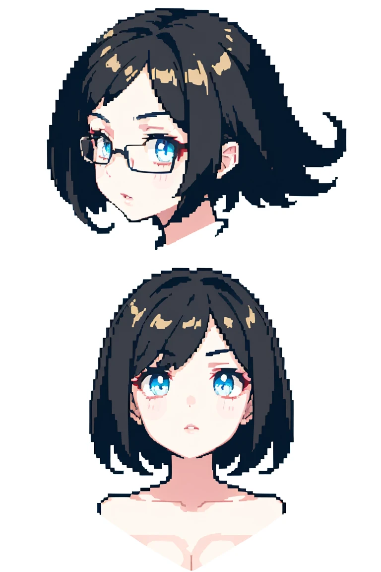 (best quality,masterpiece of art:1.2),pixel art,close-up of the head,black hair,glasses,beautiful eyes,thin eyebrows,long eyelashes,small nose,luscious lips,pale skin,expressive features,vibrant colors,feminine facial features,detailed rendering of hair,unique style,subtle shading and highlights,realistic lighting,3D effect,simple background,perfectly symmetrical composition