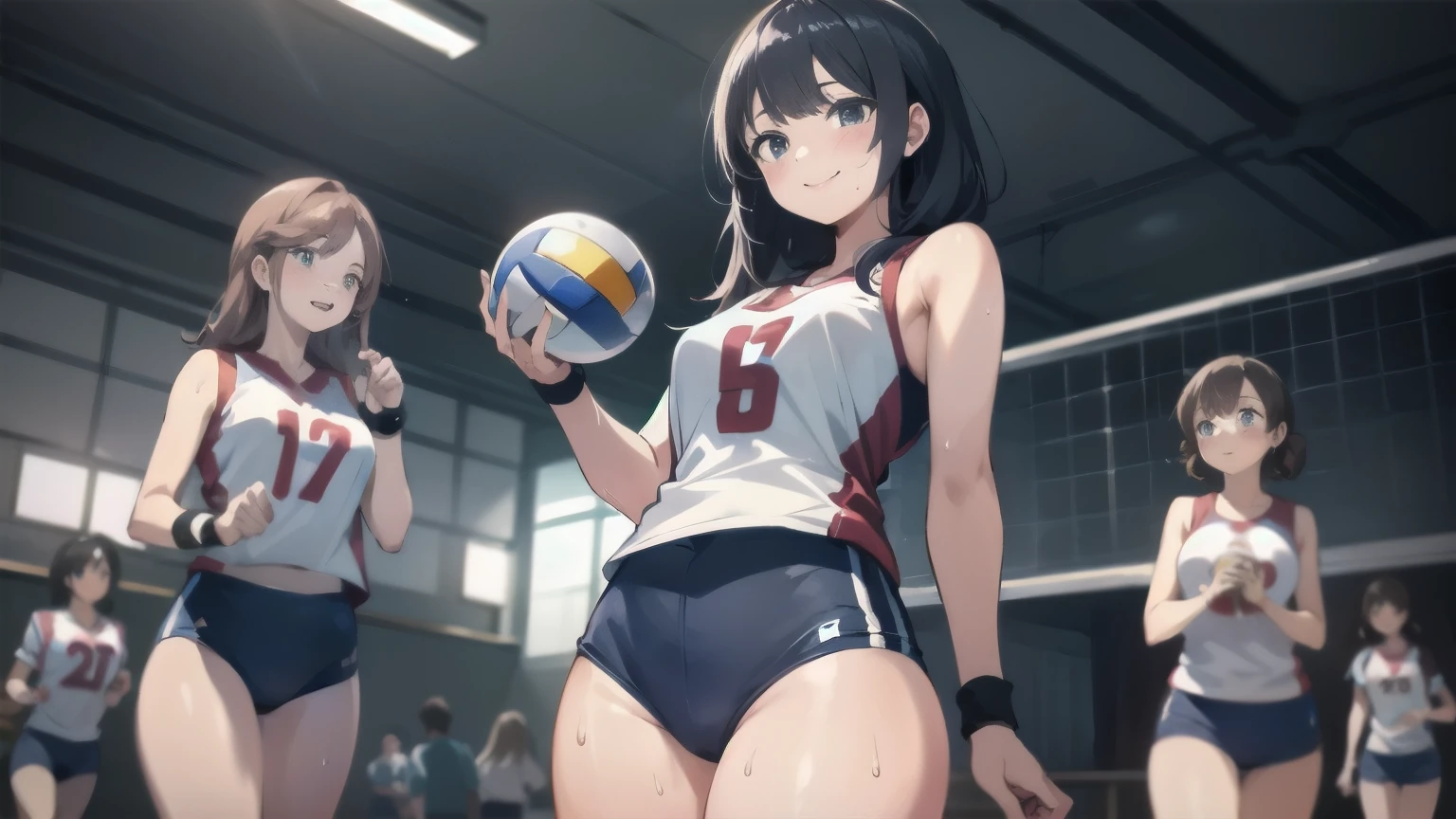 unity 8k wallpaper, anatomically correct, (((masterpiece))), (((best quality))), (((ultra detailed))), (((high-resolution))), ((super fine illustration)), ((Ultimate cutie)), ((detailed beautiful face)), perfect hands, perfect finger, (((good anatomy))), BREAK, multiple girls, lovingly gaze, harem, group picture, 17 years old, (potbelly), (Curve), medium breasts, ((thick thighs)), Shiny hair, (((coquettish smile))), (((blush))), BREAK, Adidas, Sleeveless collared Volleyball Uniforms, ((wristbands)), BREAK, (Hold the beautiful spherical 6-inch volleyball), ((Sweat)), (perspired), (Heavy breathing), in gymnasium, in volleyball court, depth of field, strong light, cowboy shot,,