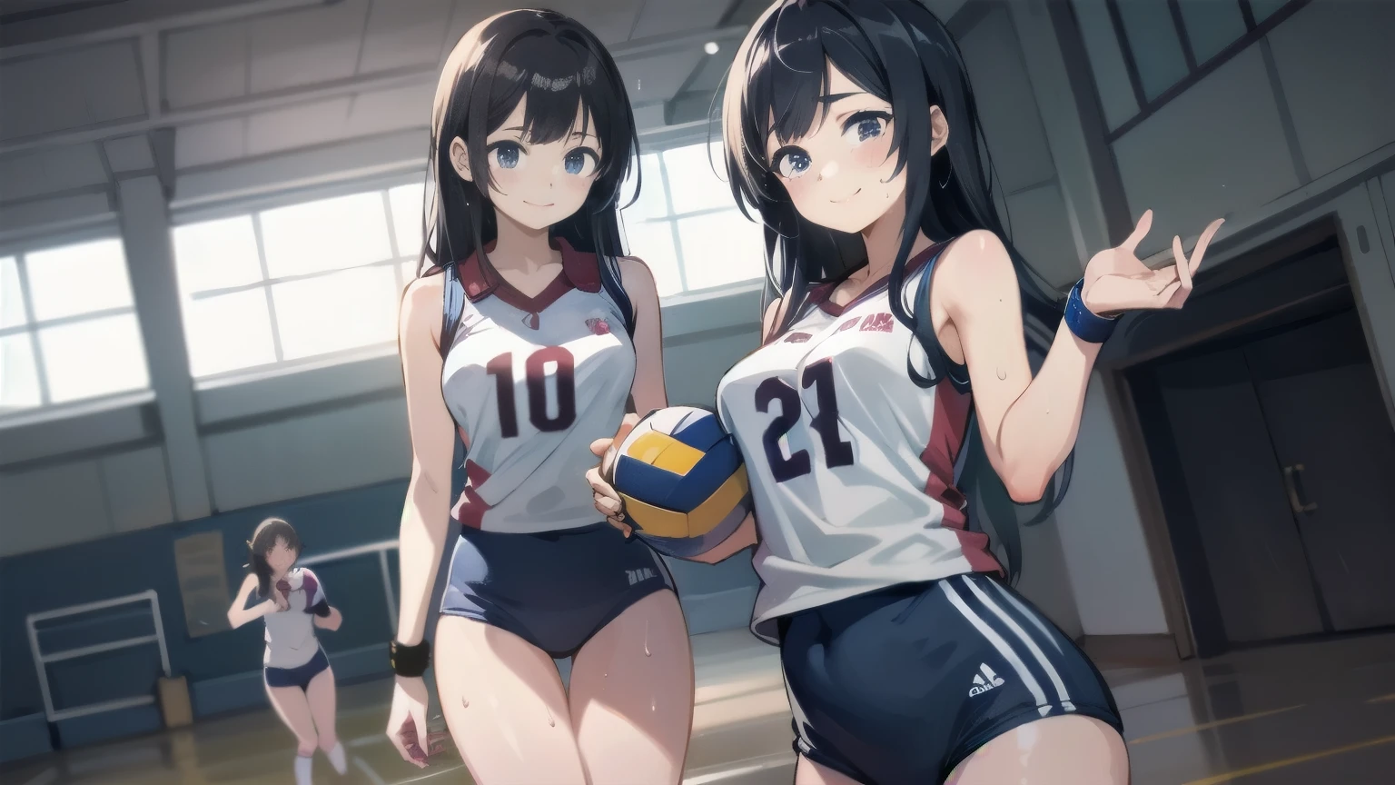 unity 8k wallpaper, anatomically correct, (((masterpiece))), (((best quality))), (((ultra detailed))), (((high-resolution))), ((super fine illustration)), ((Ultimate cutie)), ((detailed beautiful face)), perfect hands, perfect finger, (((good anatomy))), BREAK, multiple girls, lovingly gaze, harem, group picture, , (potbelly), (Curve), medium breasts, ((thick thighs)), Shiny hair, (((coquettish smile))), (((blush))), BREAK, Adidas, Sleeveless collared Volleyball Uniforms, ((wristbands)), BREAK, (Hold the beautiful spherical 6-inch volleyball), ((Sweat)), (perspired), (Heavy breathing), in gymnasium, in volleyball court, depth of field, strong light, cowboy shot,,