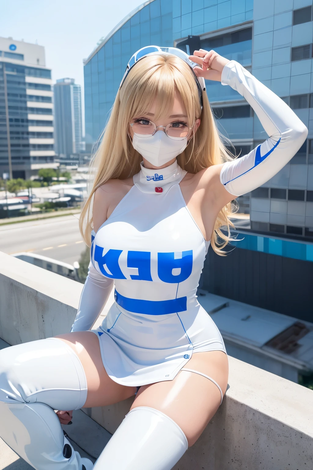 Taiwanese idol girls 50 years old blonde with bangs ((Glasses)) big breasts cleavage big smiling eyes ((White Face Mask)) On the roof of a building in clear weather ((Racing team bodycon dress made of glossy white and blue enamel material with sponsor lettering.)) ((Enamel knee-high boots)) Plump thighasterpiece 8k sit with open legs Depicted from above