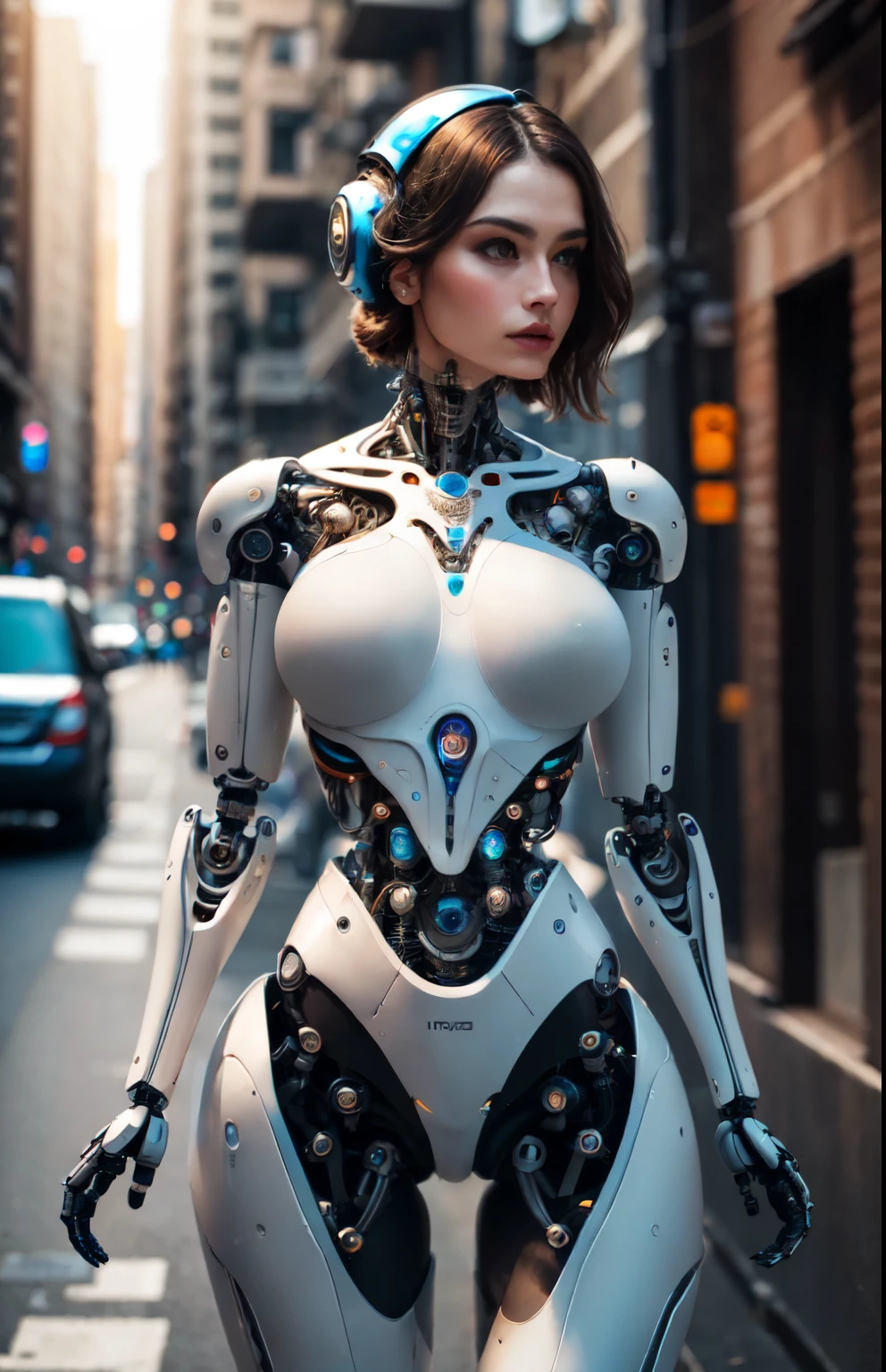Woman-robot in the big city, high quality, absurdres, masterpiece, beautiful, intricate details, 1/2 body crop, slim body, beautiful figure, magnificent anatomy, (intricate details:1.12), HDR, (intricate details, hyper-detailing:1.15), (natural skin textures, hyper realisitc, soft light, Sharp:1.2)