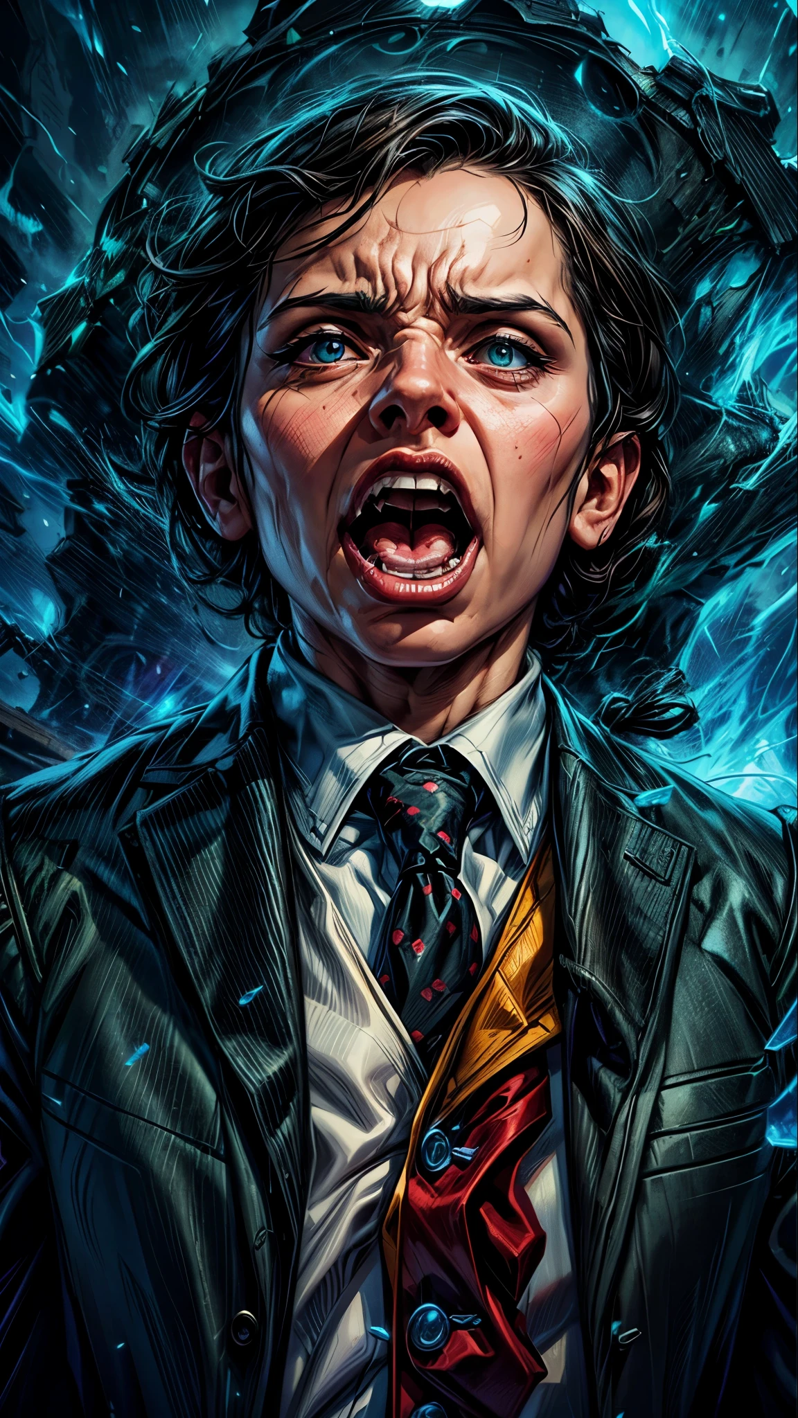a young boy in a suit and tie with his mouth open, epic portrait of menacing, epic portrait illustration, epic ilustration, epic digital art, intense painting, powerful painting, wojtek fus, realistic fantasy art, epic game portrait, rob rey, portrait from hell, malevolent expression, horrific digital art, hyper real, hyper real ilustration