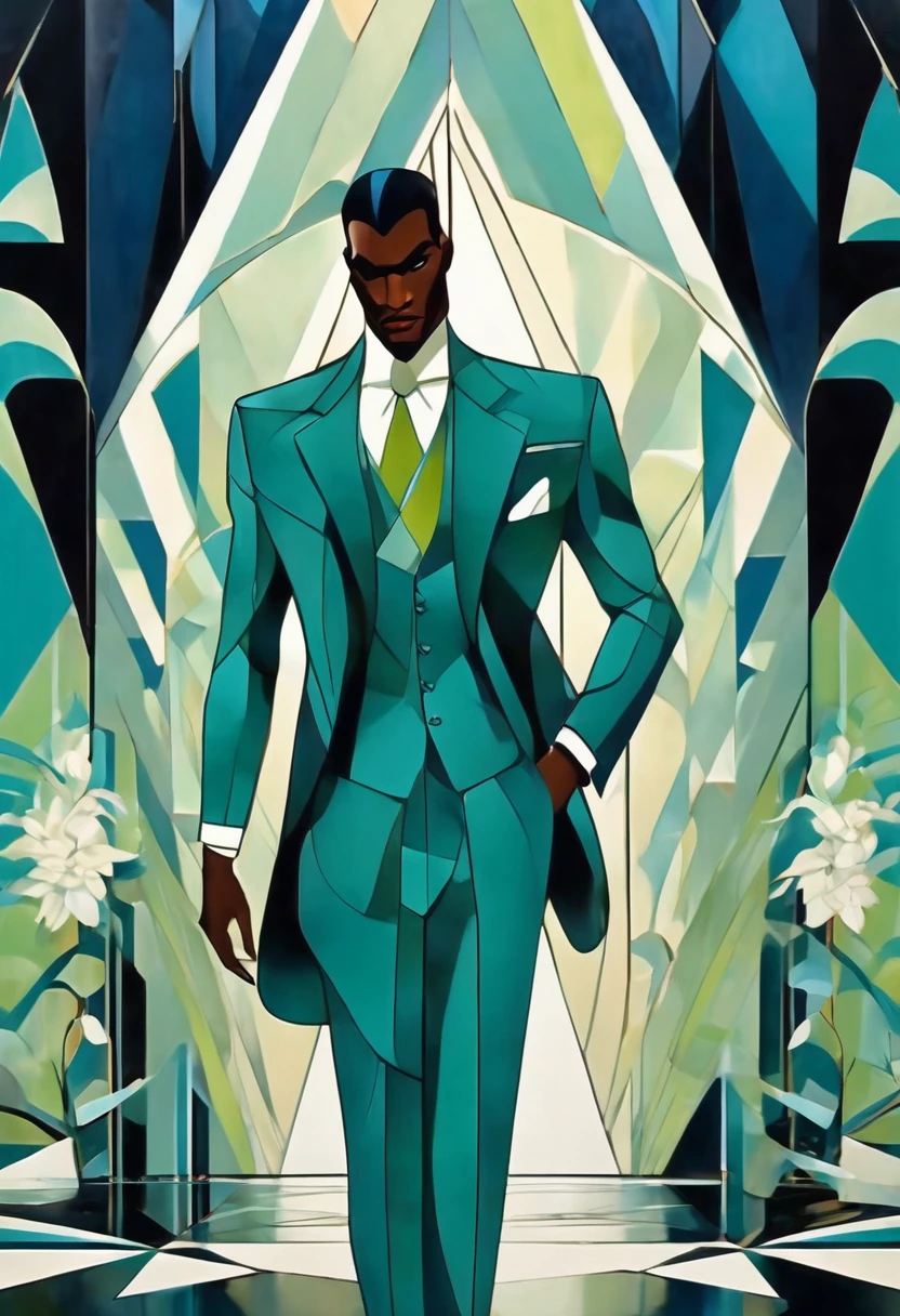 A figura masculina, um homem negro, is standing in the center of an Art Deco room, its striking and elegant presence standing out in the surrounding geometric atmosphere. His face is angular, with a strong jaw and prominent cheekbones, criando um contraste marcante com sua pele retinta. Your eyes are expressive, com sobrancelhas finas e arqueadas, adding a touch of mystery to your look. The nose is straight and well defined, complementing the geometric features of your face. The lips are thin, suggesting determination and inner strength.

The man&#39;s torso is shaped like an inverted triangle., giving it a robust and powerful appearance. The legs are square, adding a feeling of solidity and stability to your posture. He is dressed in an elegant suit in shades of blue and light green., que se fundem suavemente com o ambiente ao seu redor. The suit is adjusted to your body, highlighting her slender and athletic figure. The shirt is white, contrasting with the suit and adding a touch of sophistication to your appearance.

The room around him is an abstract interpretation of an Art Deco room, with walls decorated with geometric patterns in shades of blue and light green. Soft lighting highlights details in the scene, criando uma atmosfera misteriosa e sofisticada, reminiscent of old Batman animations. The perspective of the scene is angular, highlighting the geometric lines and abstract shapes that surround the character.

The result is a unique and stylized representation of the black man, in perfect harmony with the aesthetic principles of the Art Deco movement, mas com um toque moderno e criativo.