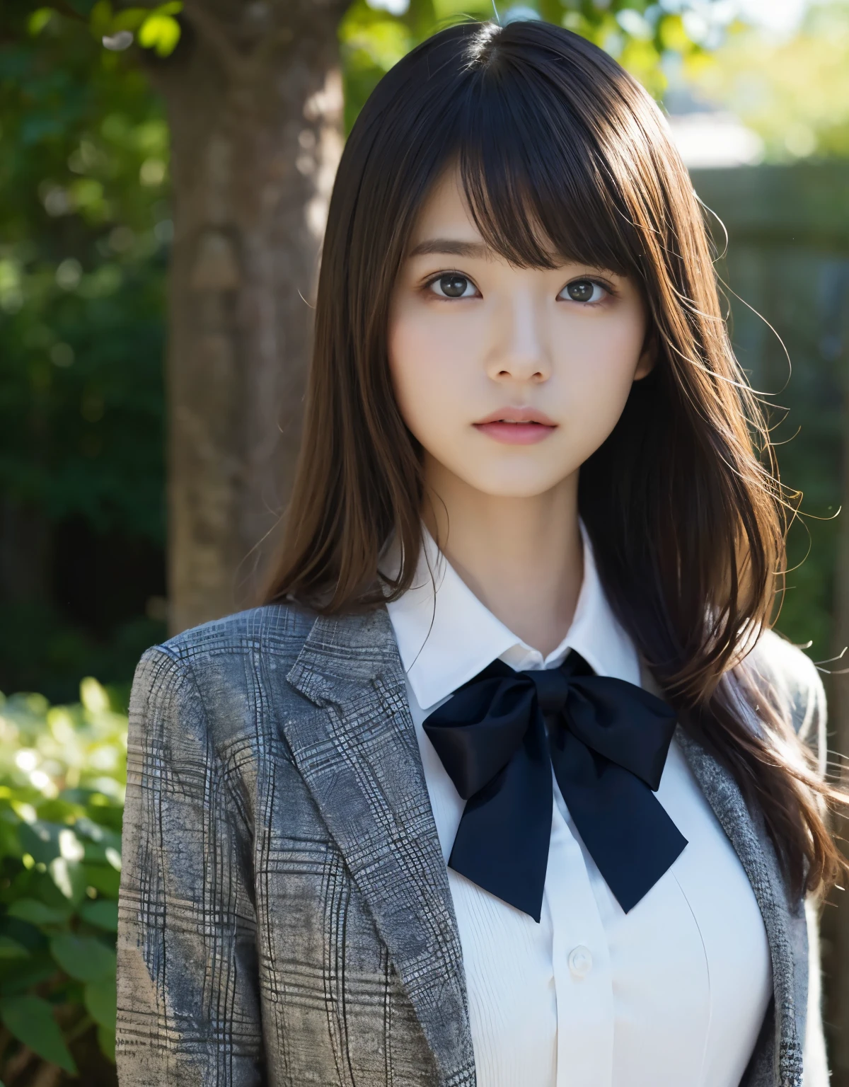 A close up of a woman wearing a suit and a bow tie - SeaArt AI