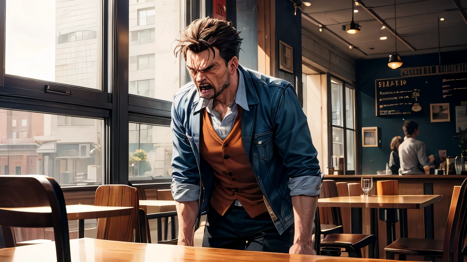 An angry standing man hits his hand on the table in a cafe