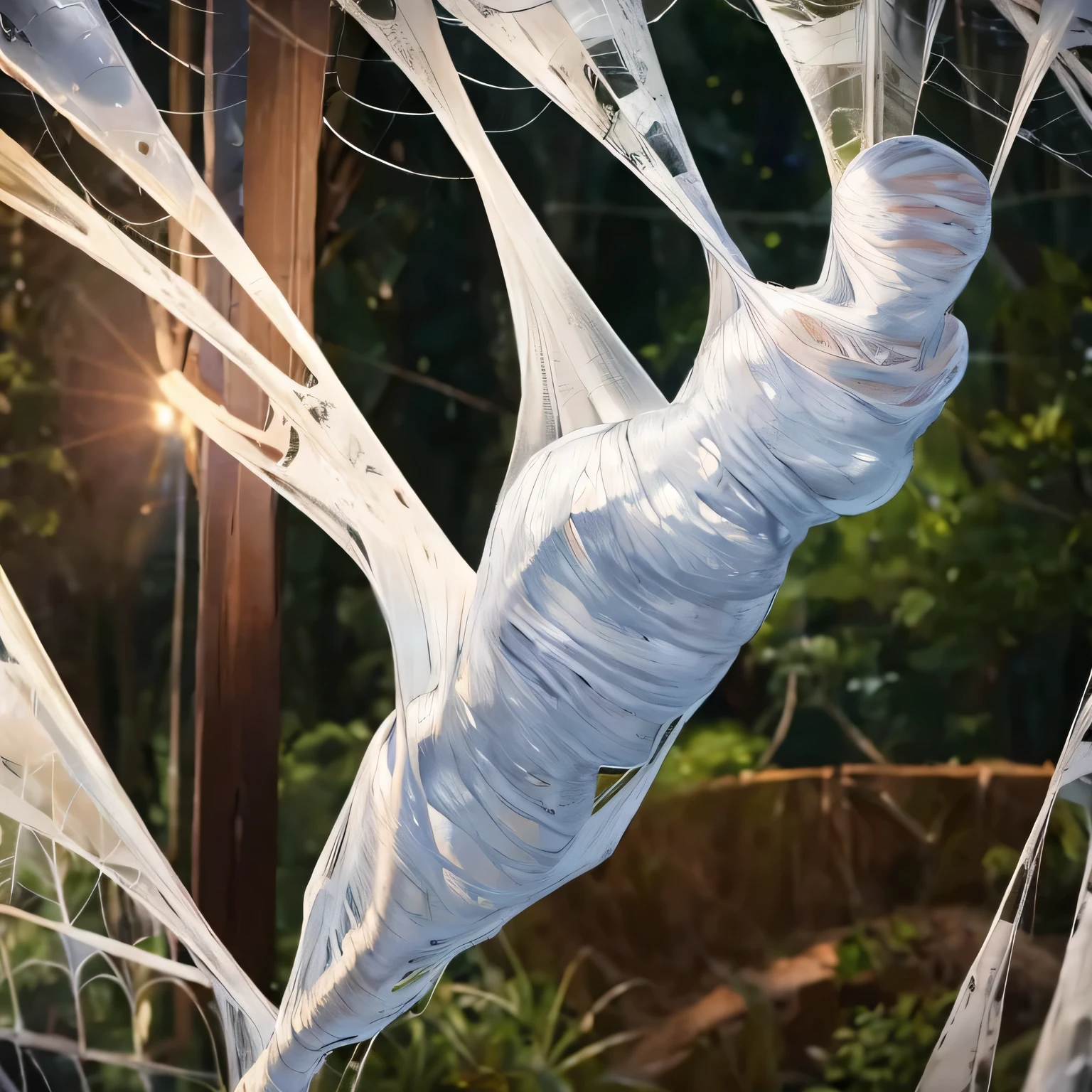 a girl entangled in the spider web, struggle, detailed classroom, (cocoon:1.3), spider web, hanging, spider in the web, spider