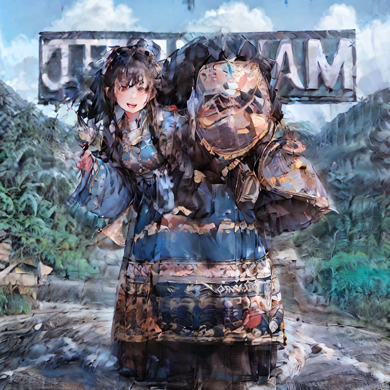 The 3D writing of "OTW PULKAM" is large, clearly legible. Behind it is a realistic caricature of an Indonesian man and his beautiful 8-year-old daughter, they wear casual clothes, carry large backpacks and cardboard. driving A Russian Tank, speeding. A crazy happy expression. Mountain highway setting. Hyperrealistic, Highly detailed caricature